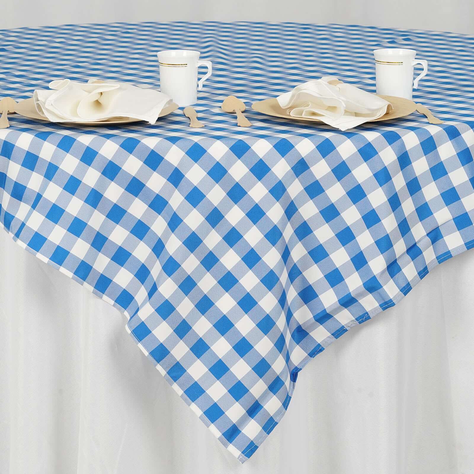 Polyester 70x70 Table Overlay Square Tablecloth White/Blue - Checkered Buffalo Plaid Table Topper