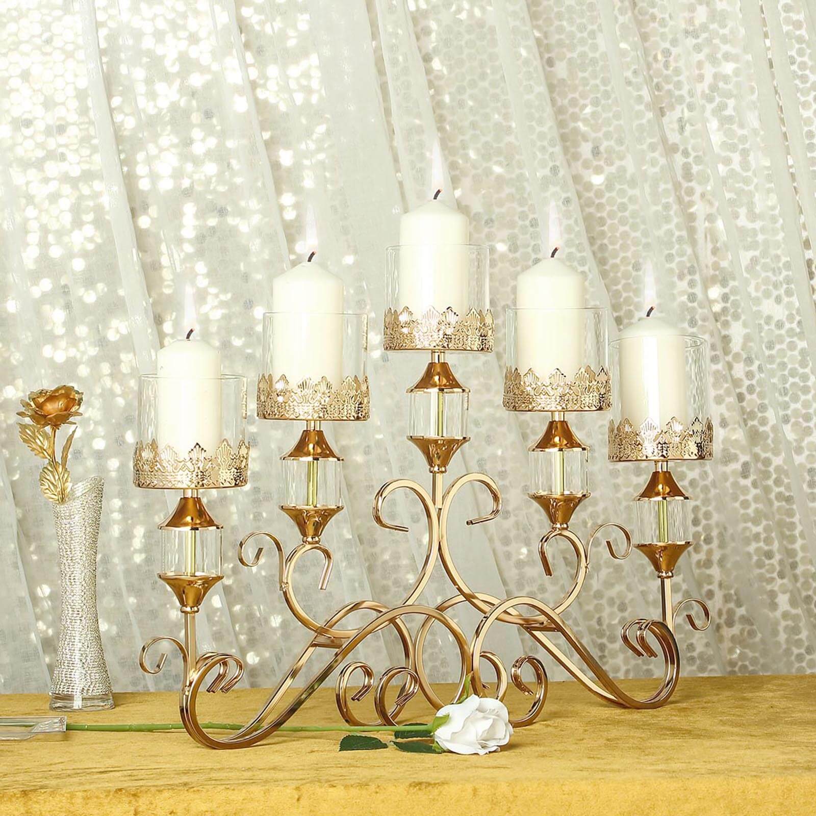 5-Arm Metal Table Candelabra Antique Gold Crown Top Design - Stylish Horizontal Table Centerpiece with Glass Votive Holders 18