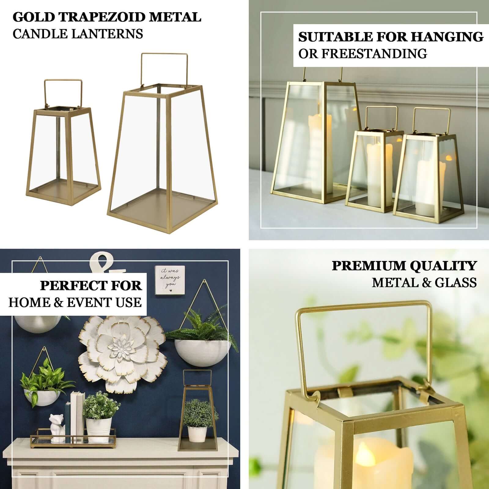 2-Pack Metal Candle Lanterns Trapezoid Geometric Design Gold - Hanging Terrariums Table Centerpieces for Indoor/Outdoor 6