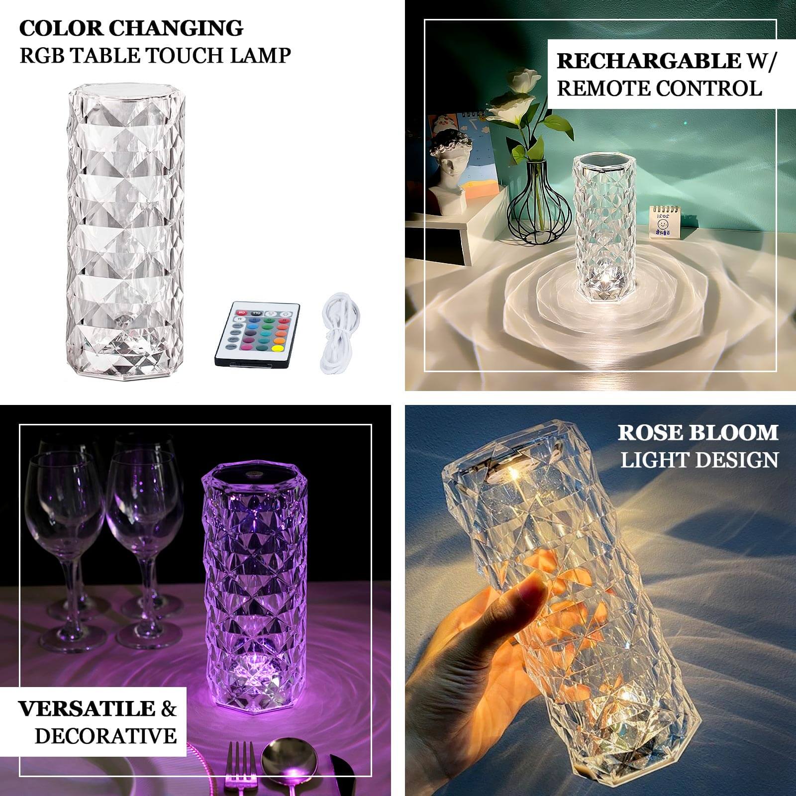 Acrylic LED Pillar Lamp Rose Diamond Design Color Changing - Touch + Remote Operated Table Light 3.5x8.5