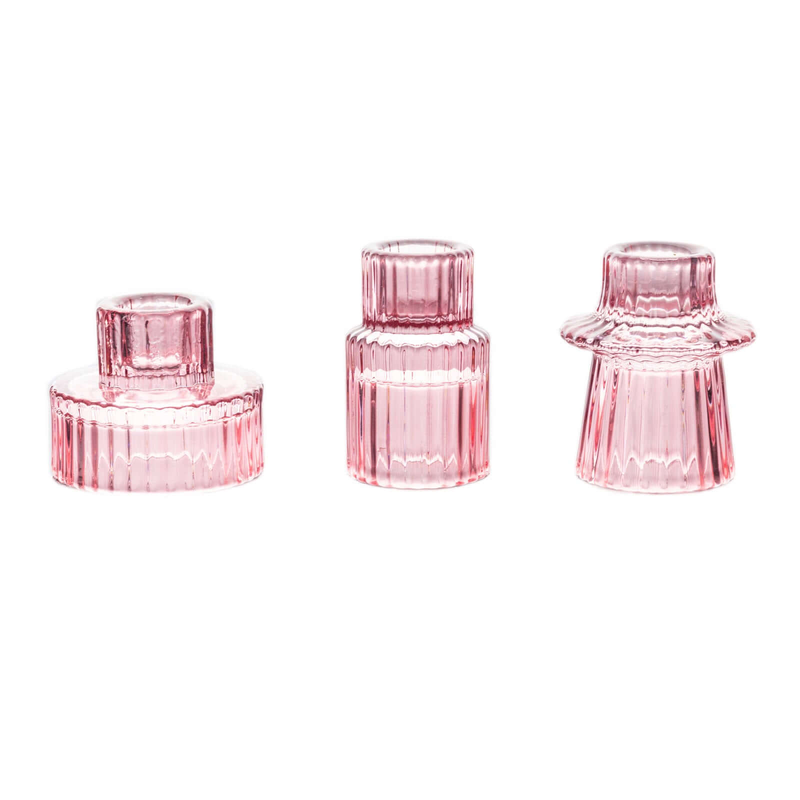 Set of 6 Glass Taper Candle Holders Ribbed Crystal Design Pink - Reversible Mini Votive Tealight Stands 3