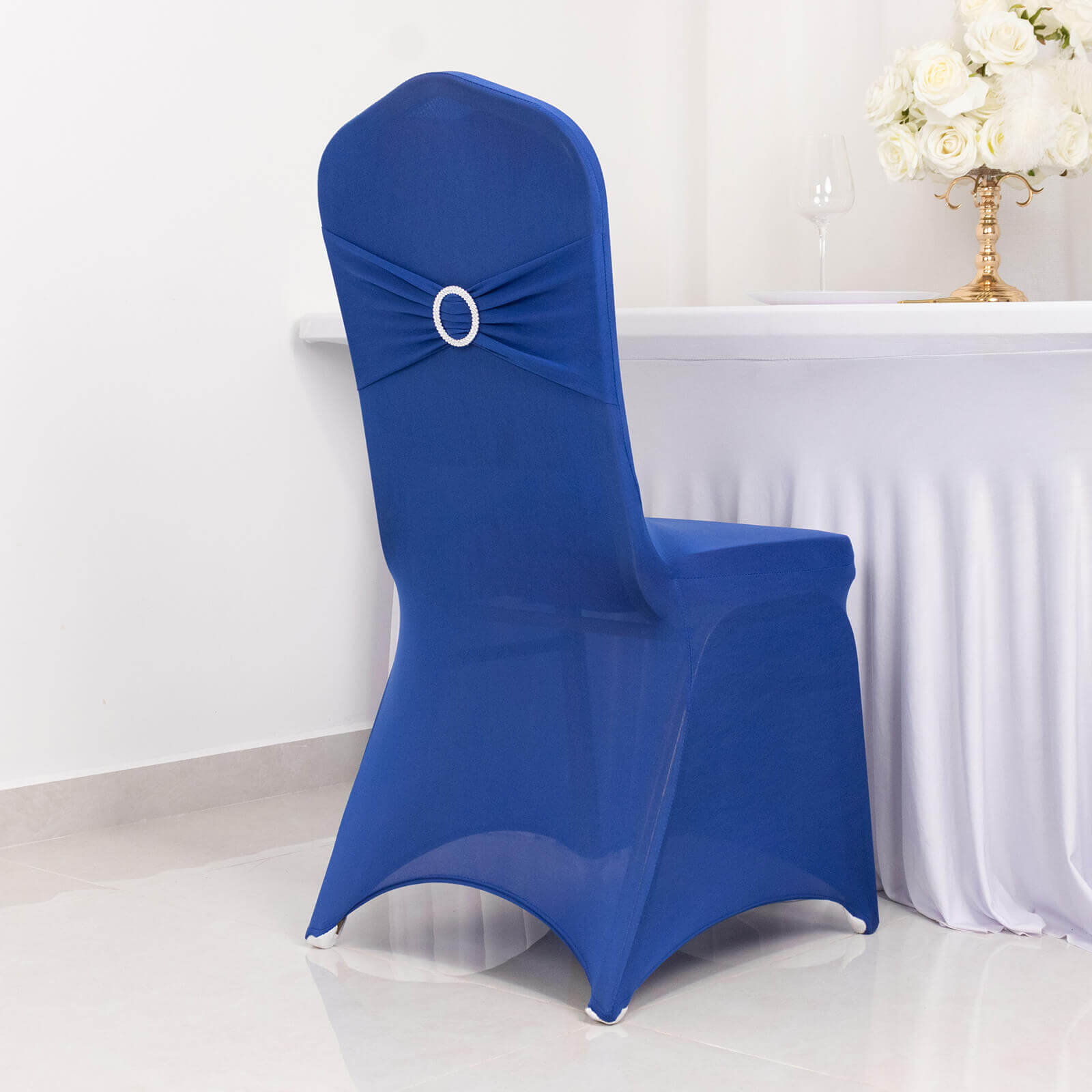 Spandex Chair Cover with Royal Blue Rhinestone Buckled Sash Band Blush - Stretch Fitted Slipcover