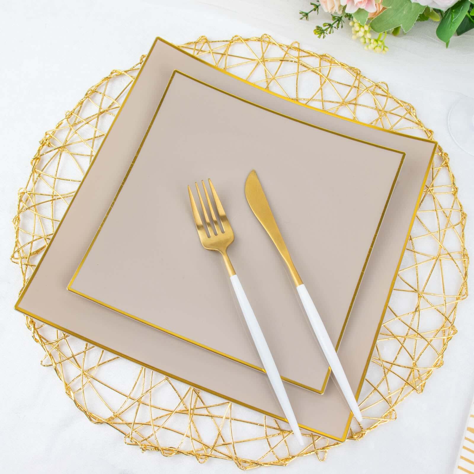 10-Pack Plastic 10 Square Dinner Plates in Taupe Concave Style with Gold Rim - Modern Disposable Party Plates