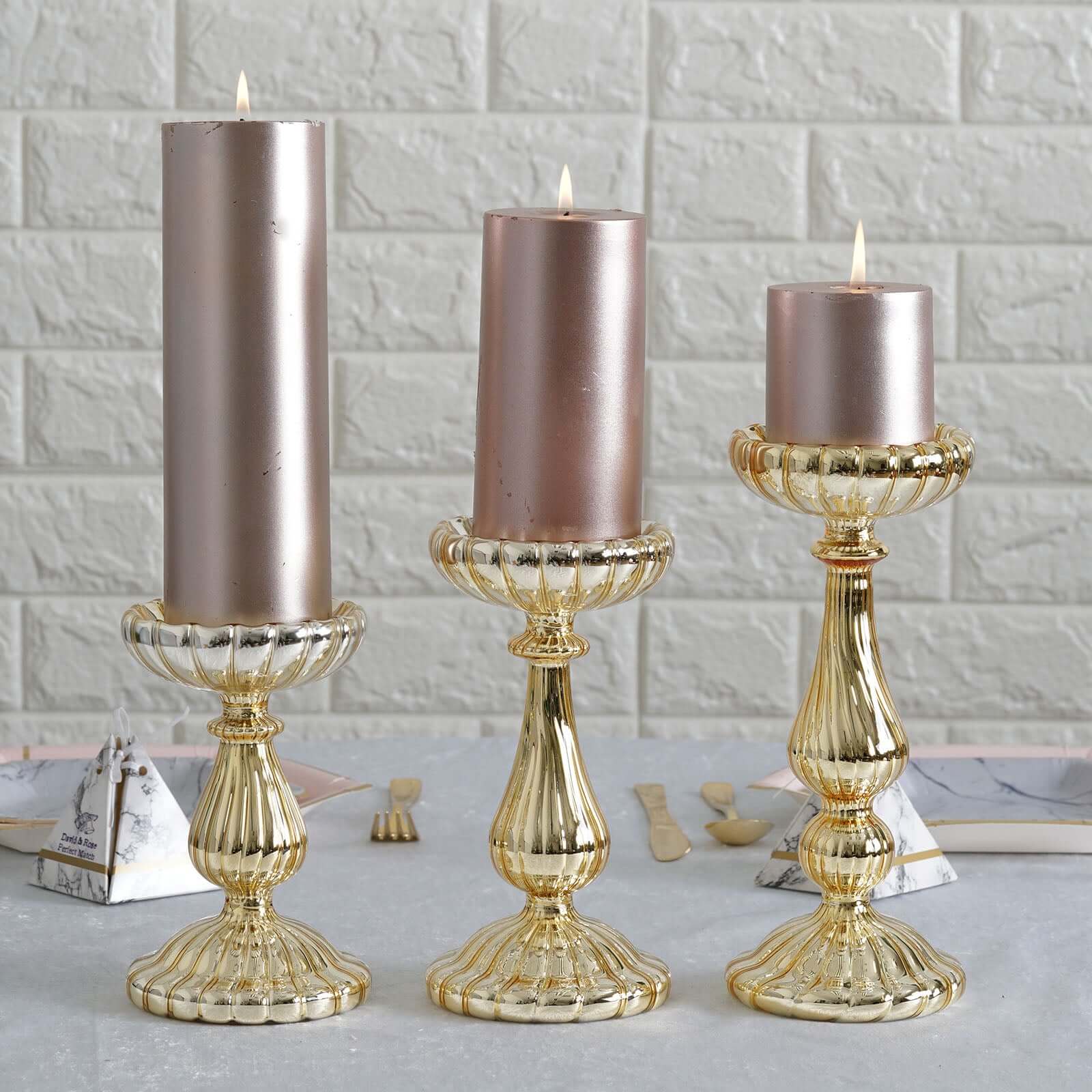 Set of 3 Candle Holder Stands Gold Mercury Glass Pillar Design - Stylish Votive Centerpieces for Tables & Decor 7, 8, 10