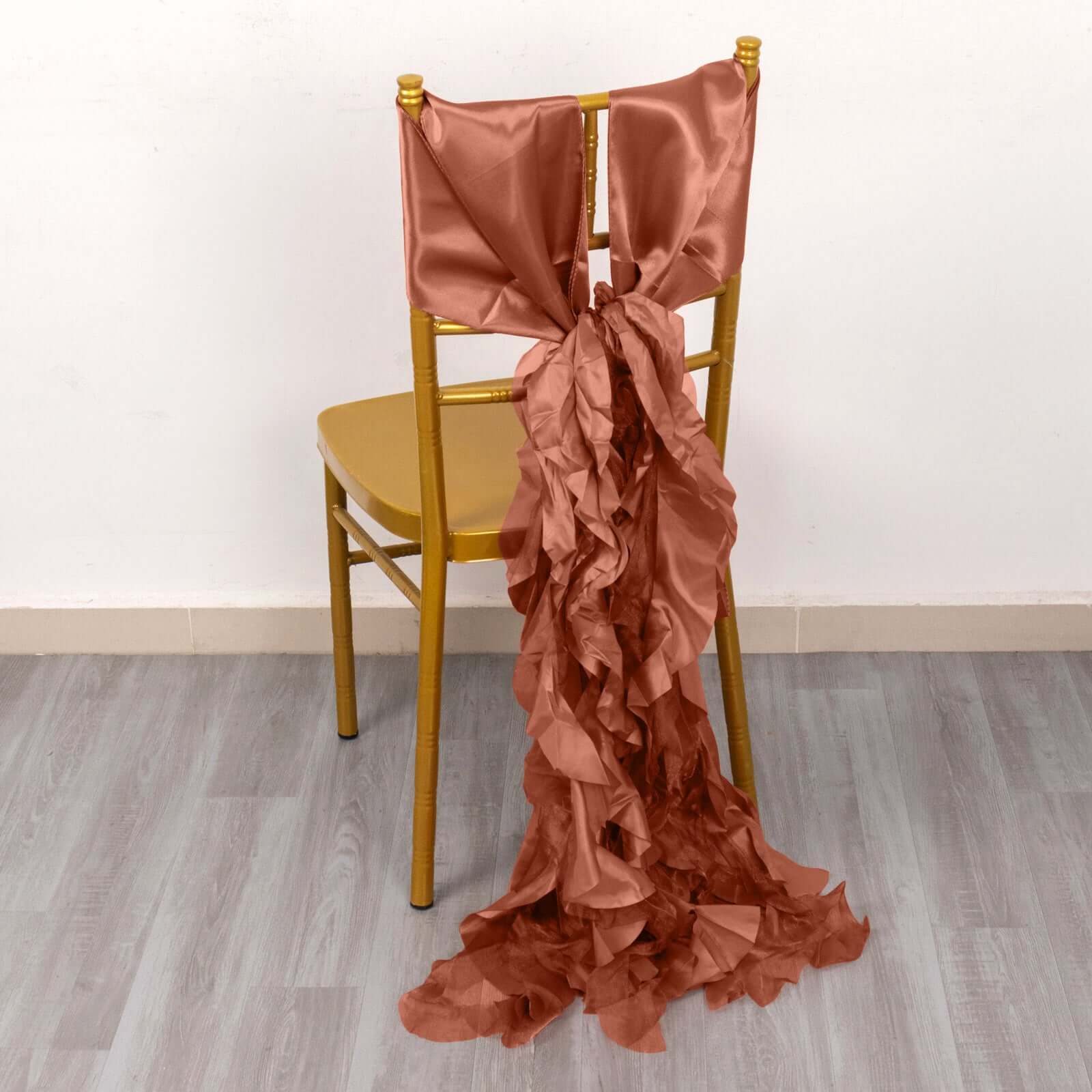 5 Pack Chiffon Satin Chair Sashes Terracotta (Rust) - Easy to Install Ruffled Curly Willow