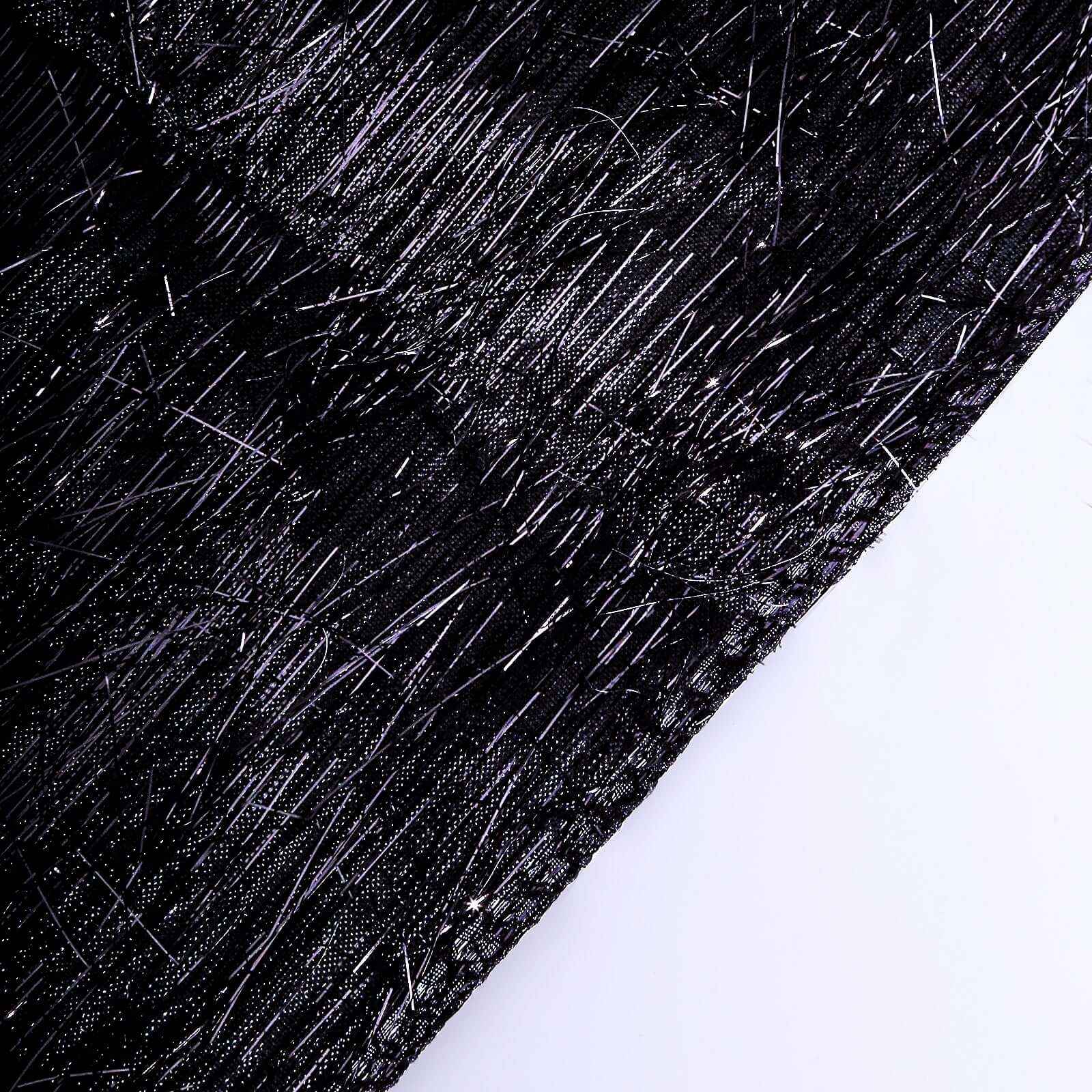 Metallic Tinsel Polyester 12x108 Table Runner Black - Shimmery Fringe Shag Table Decor