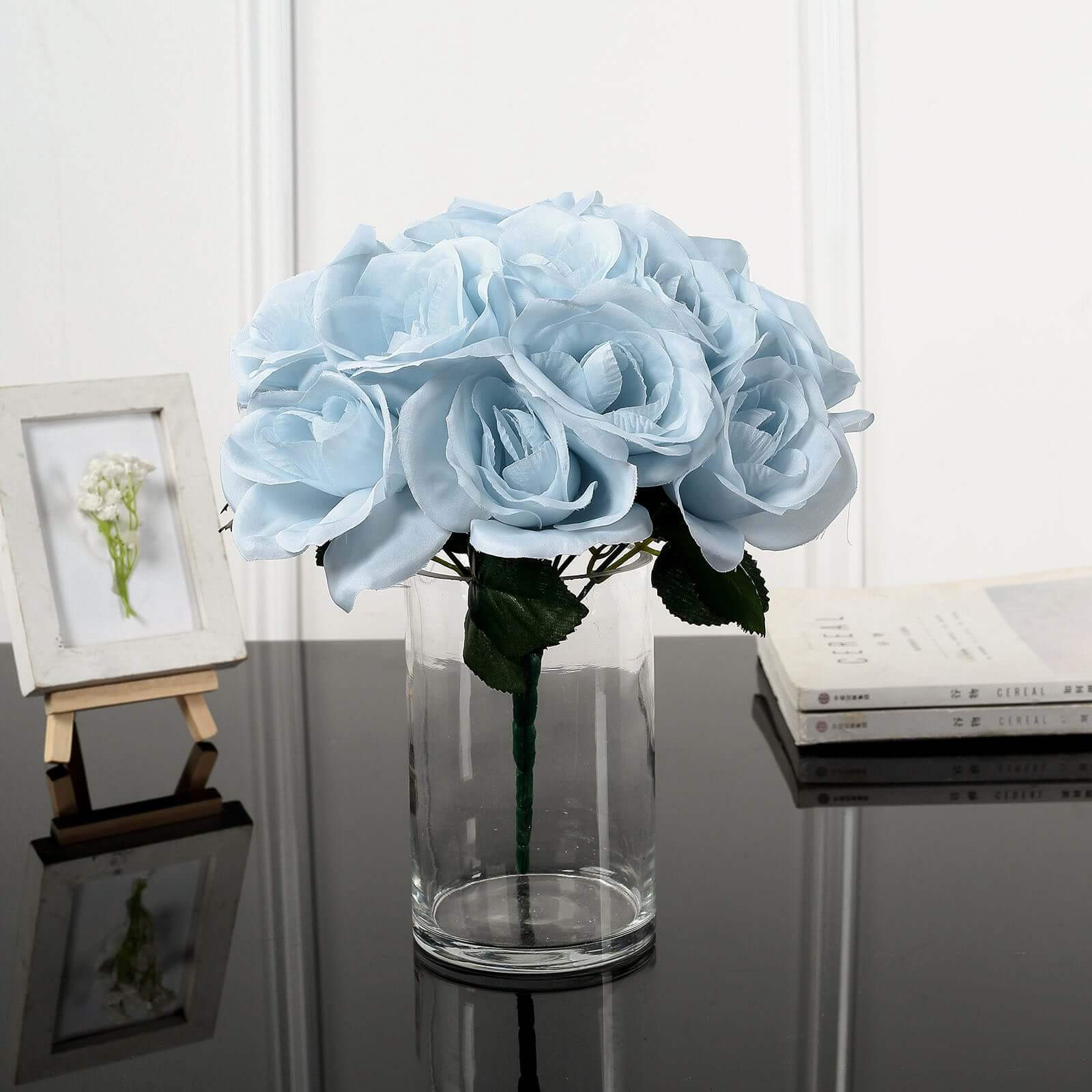 12 Ice Blue Artificial Velvet-Like Fabric Rose Flower Bouquet Bush
