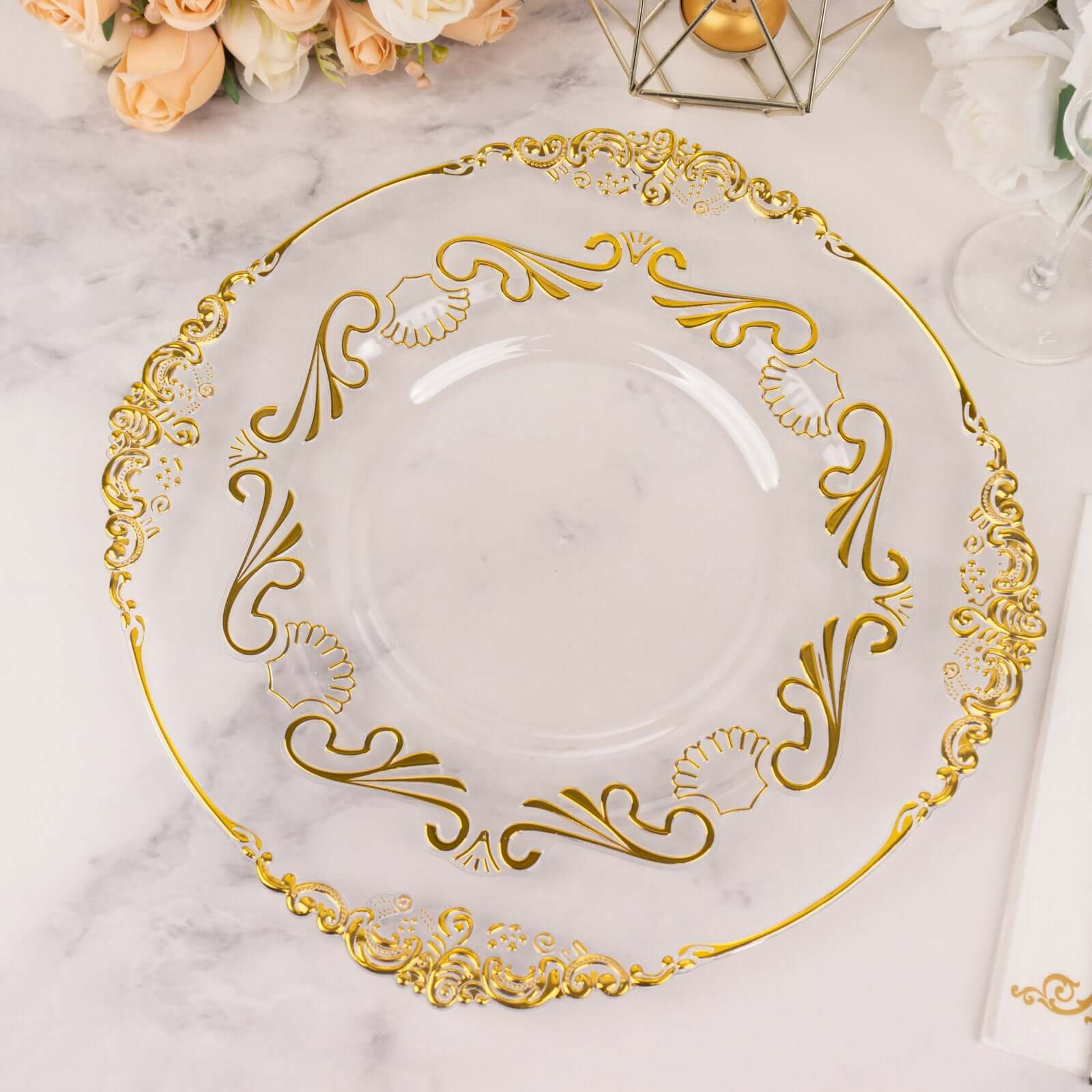 10-Pack Plastic 10 Round Dinner Plates in Clear with Gold Vintage Baroque Scalloped Rim - European Style Disposable Party Plates