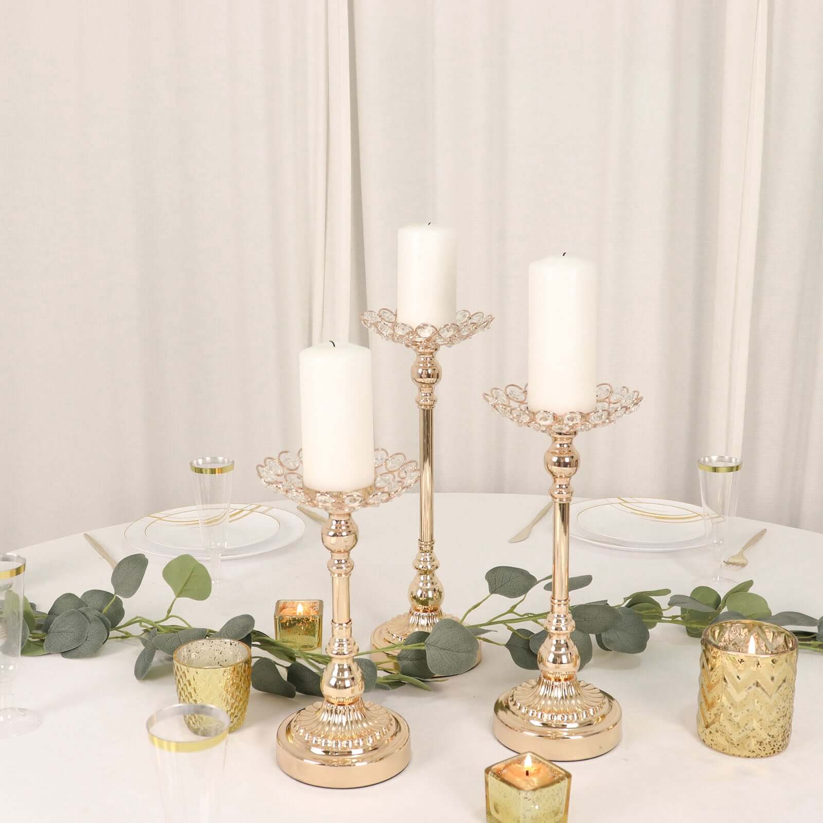 Set of 3 Metal Votive Candle Holders Crystal Beaded Design Gold - Tea Light Centerpieces 11, 13, 15