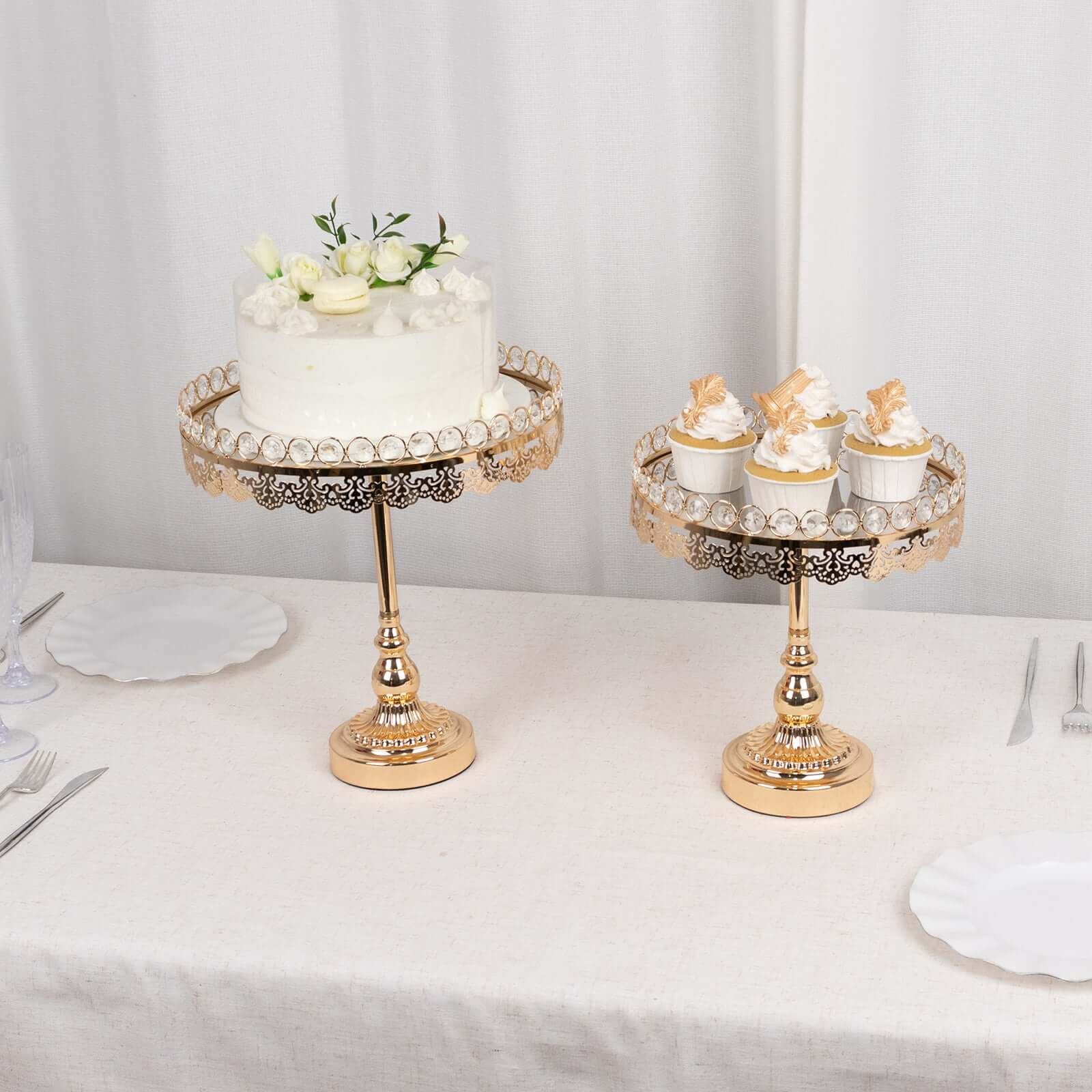 Set of 2 Pedestal Cake Stands Round Design with Mirror Top Gold - Crystal Beaded Cupcake Dessert Display Metal 11, 13