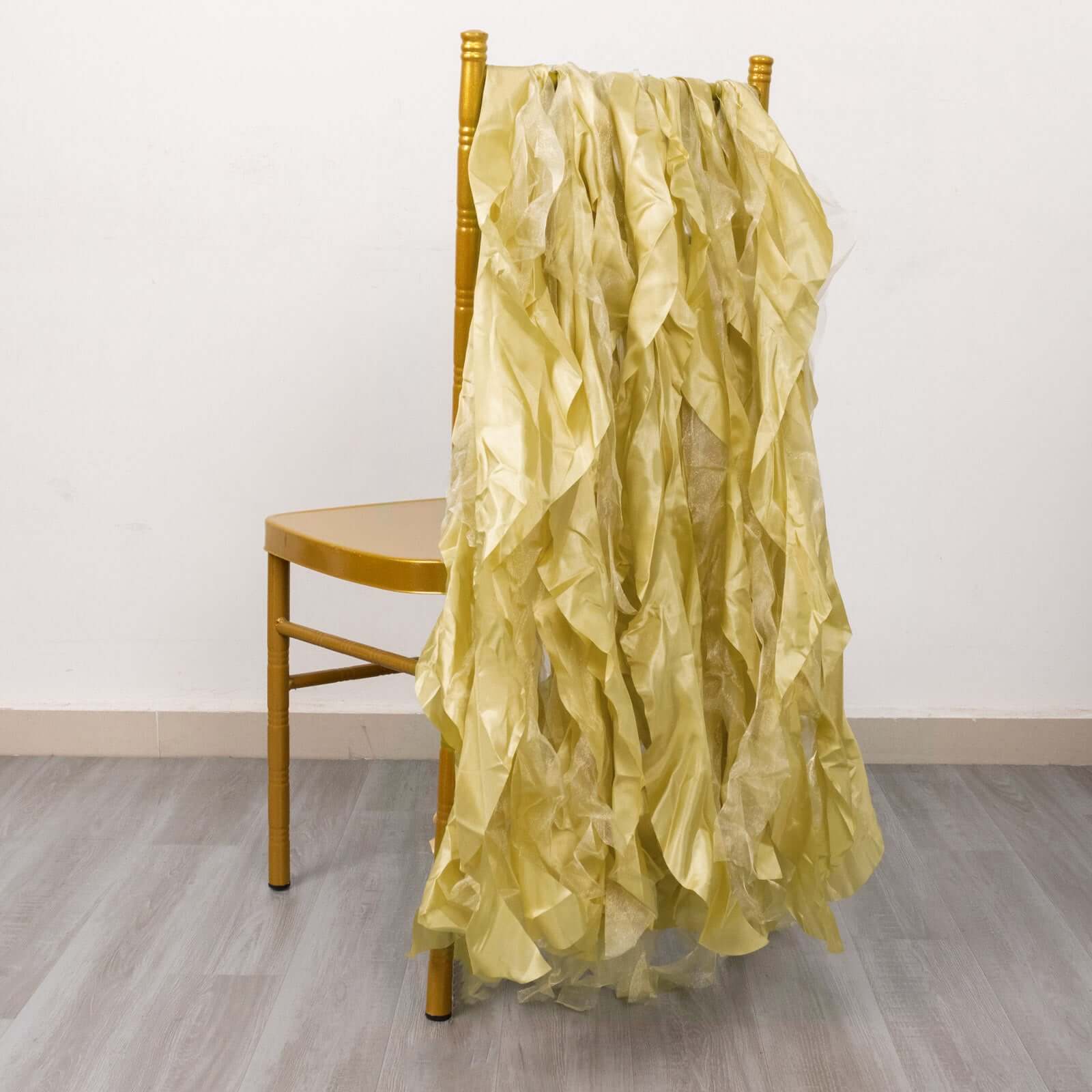 5 Pack Chiffon Satin Chair Sashes Champagne - Easy to Install Ruffled Curly Willow