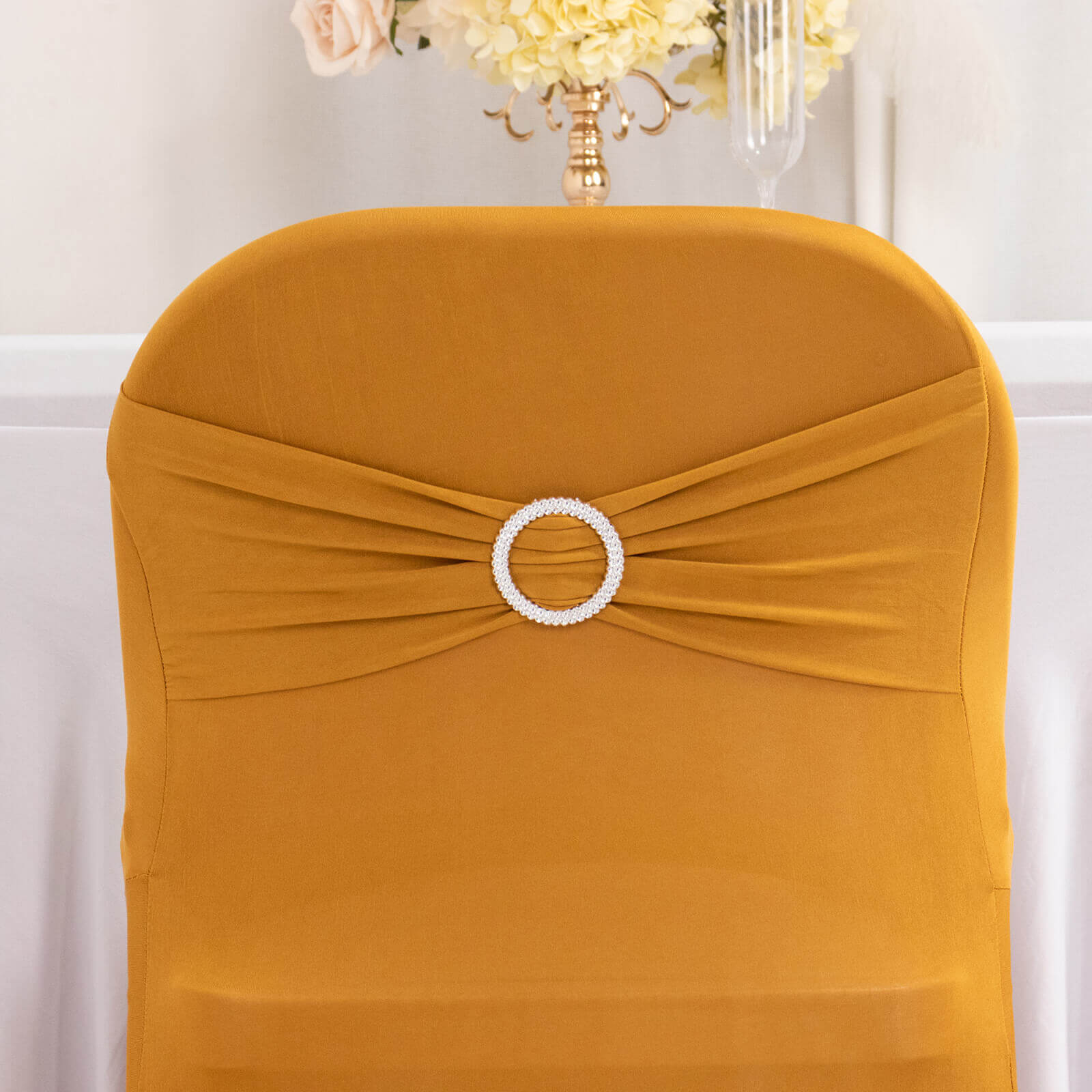 Stretch Spandex Chair Cover Gold for Folding Chairs - Enhanced Style & Secure Fit Slipcover with Stunning Silver Rhinestone Buckled Sash Band