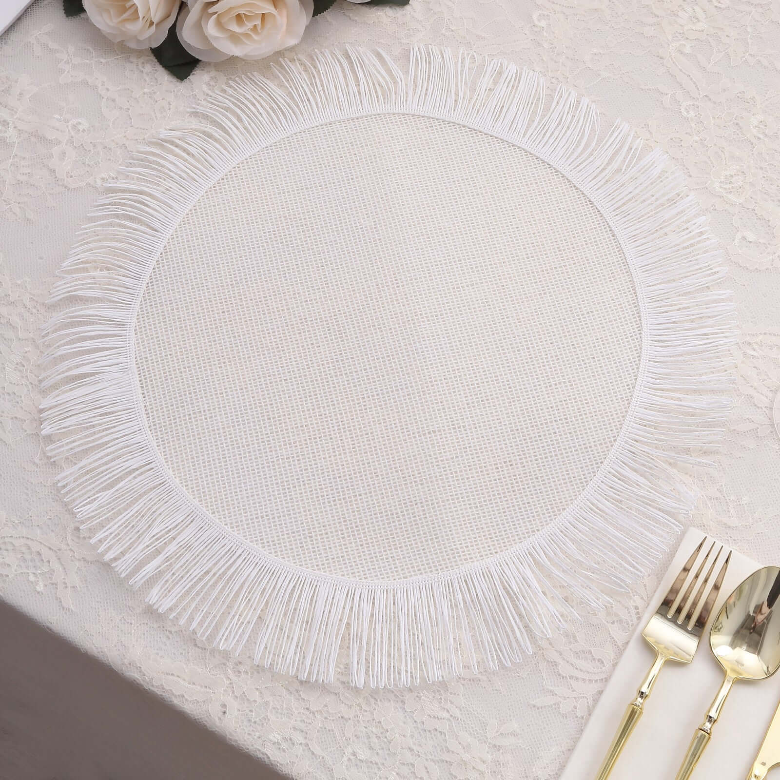 4-Pack Placemats Fringe Edge Design White Jute Round - Rustic Boho Chic Burlap Table Decor 16