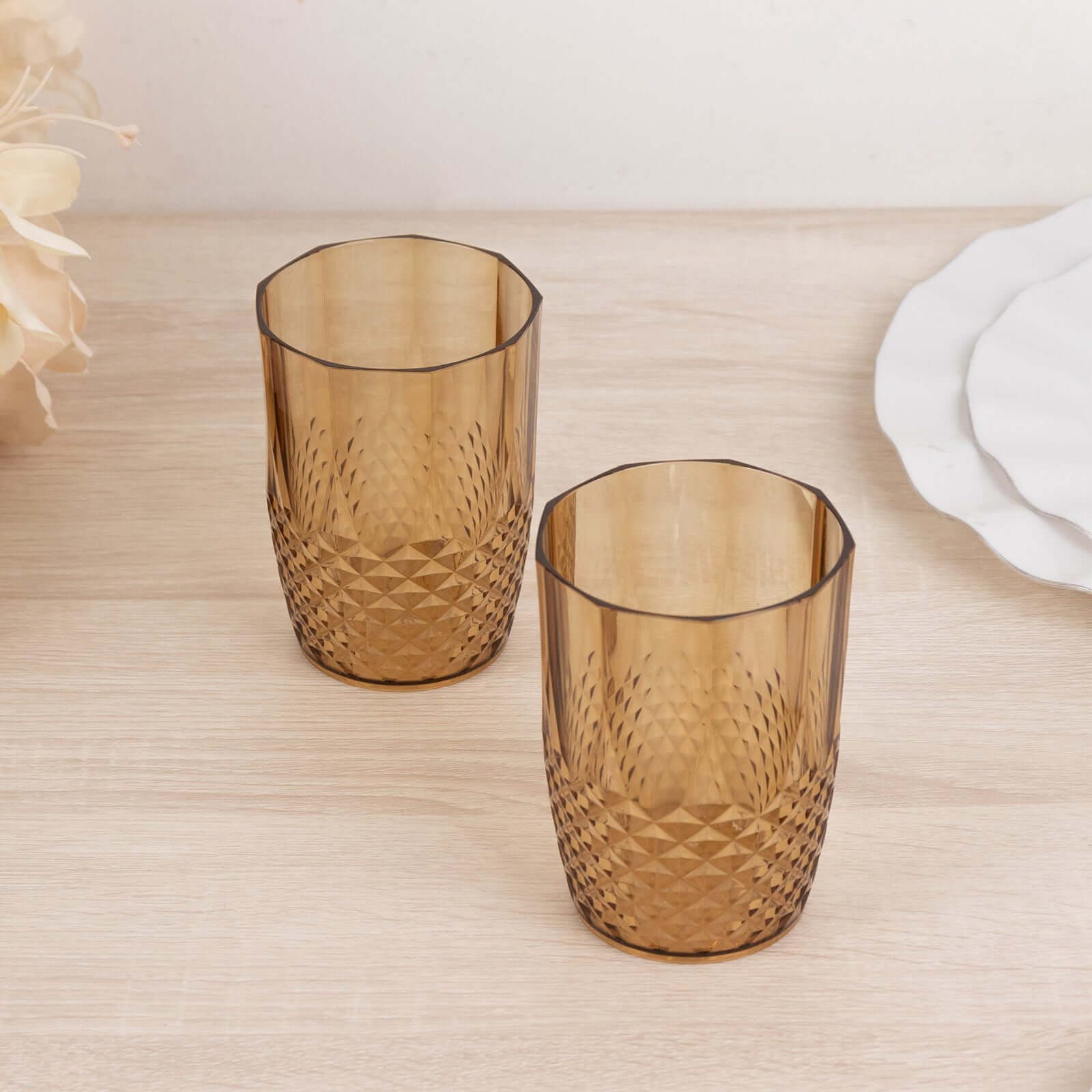 6-Pack Plastic Short Tumblers Amber Gold Transparent Crystal Cut Style - Reusable All-Purpose Glasses 16oz