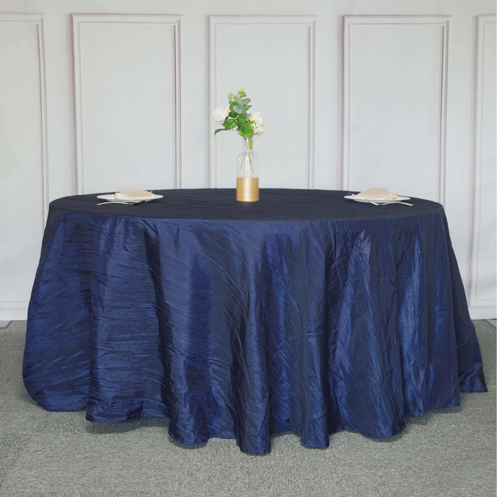 Taffeta 120 Round Tablecloth Navy Blue - Seamless Accordion Crinkle Table Cover