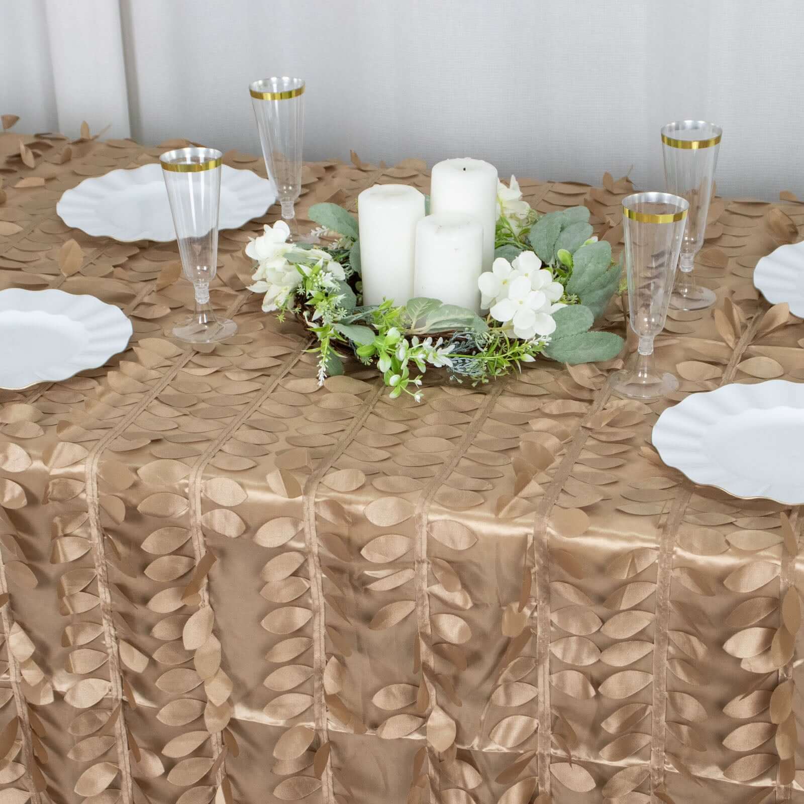 Taffeta 90x132 Rectangle Tablecloth Taupe | 3D Leaf Petal Design Seamless Table Cover