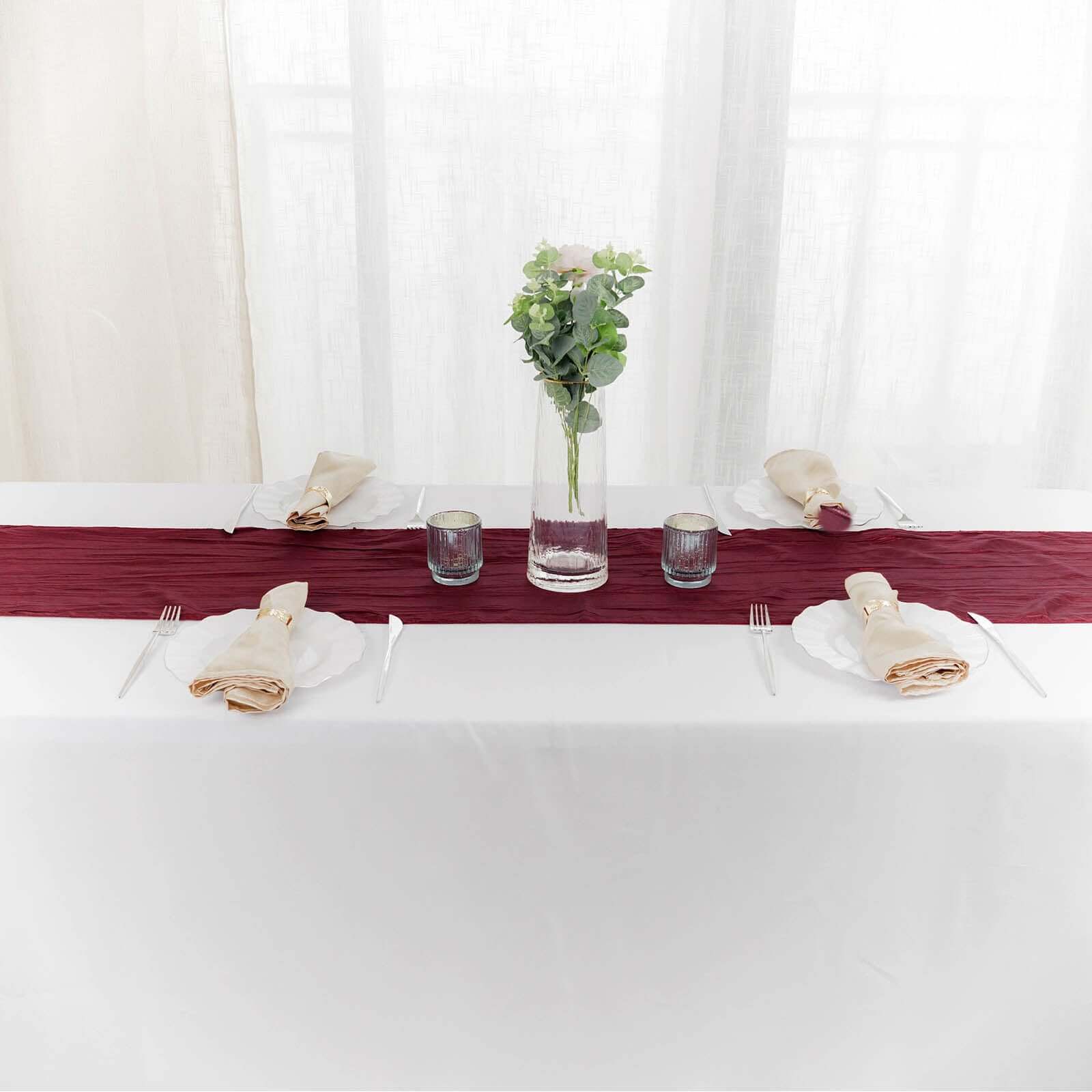 Taffeta 12x108 Table Runner Burgundy - Accordion Crinkle Design