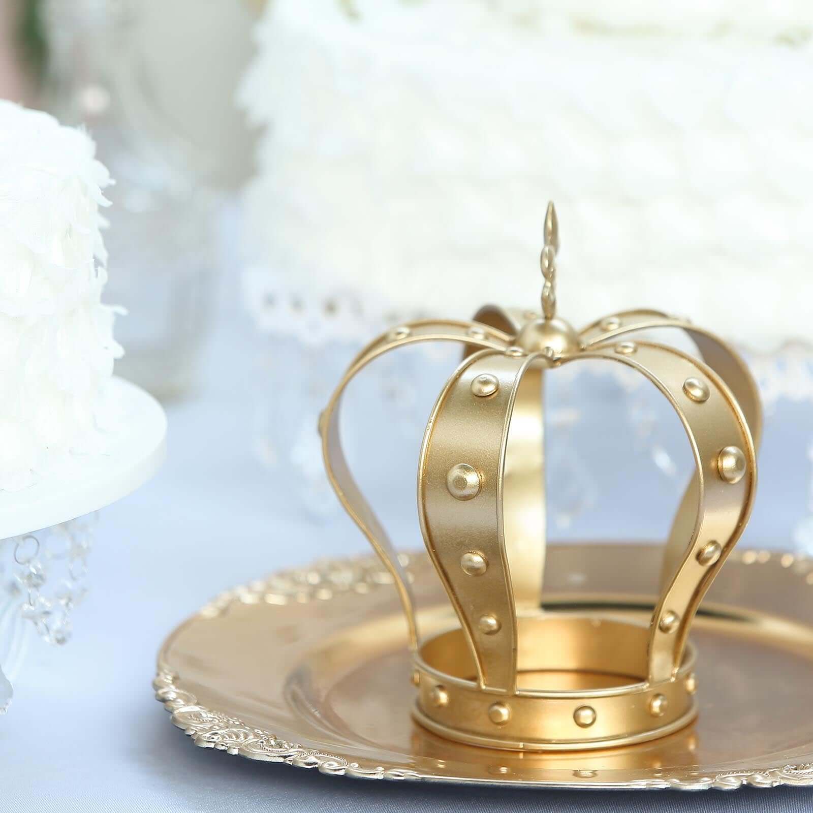 Metal Royal Crown Cake Topper 8 Gold Fleur-De-Lis Top - Refined Cake Centerpiece Decoration for Upscale & Royal-Themed Events