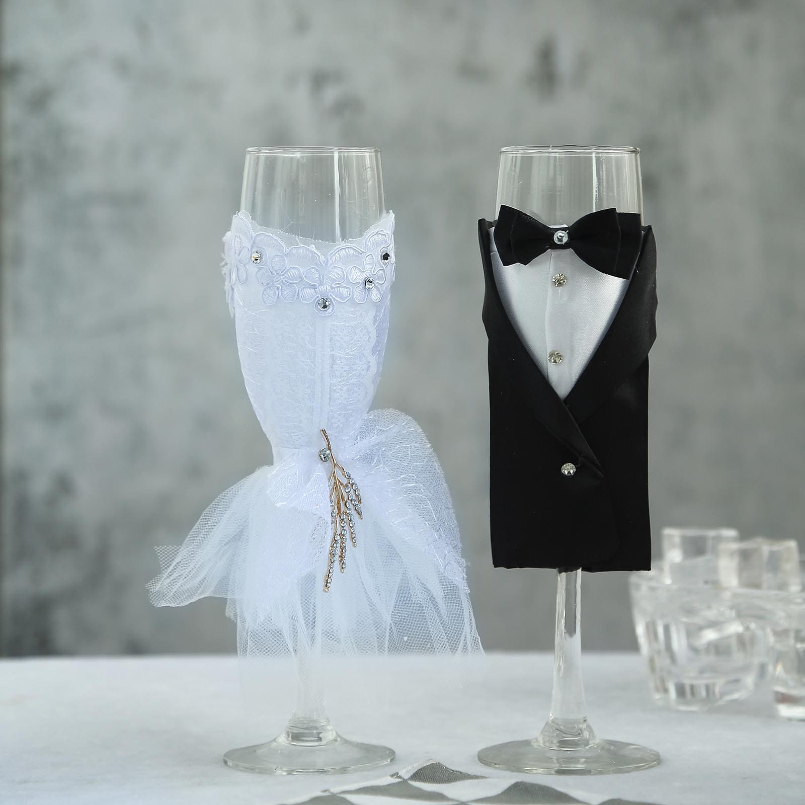 Set of 2 Clear Champagne Flutes with Black Bride and Groom Koozies - Wedding Toast Glasses 9