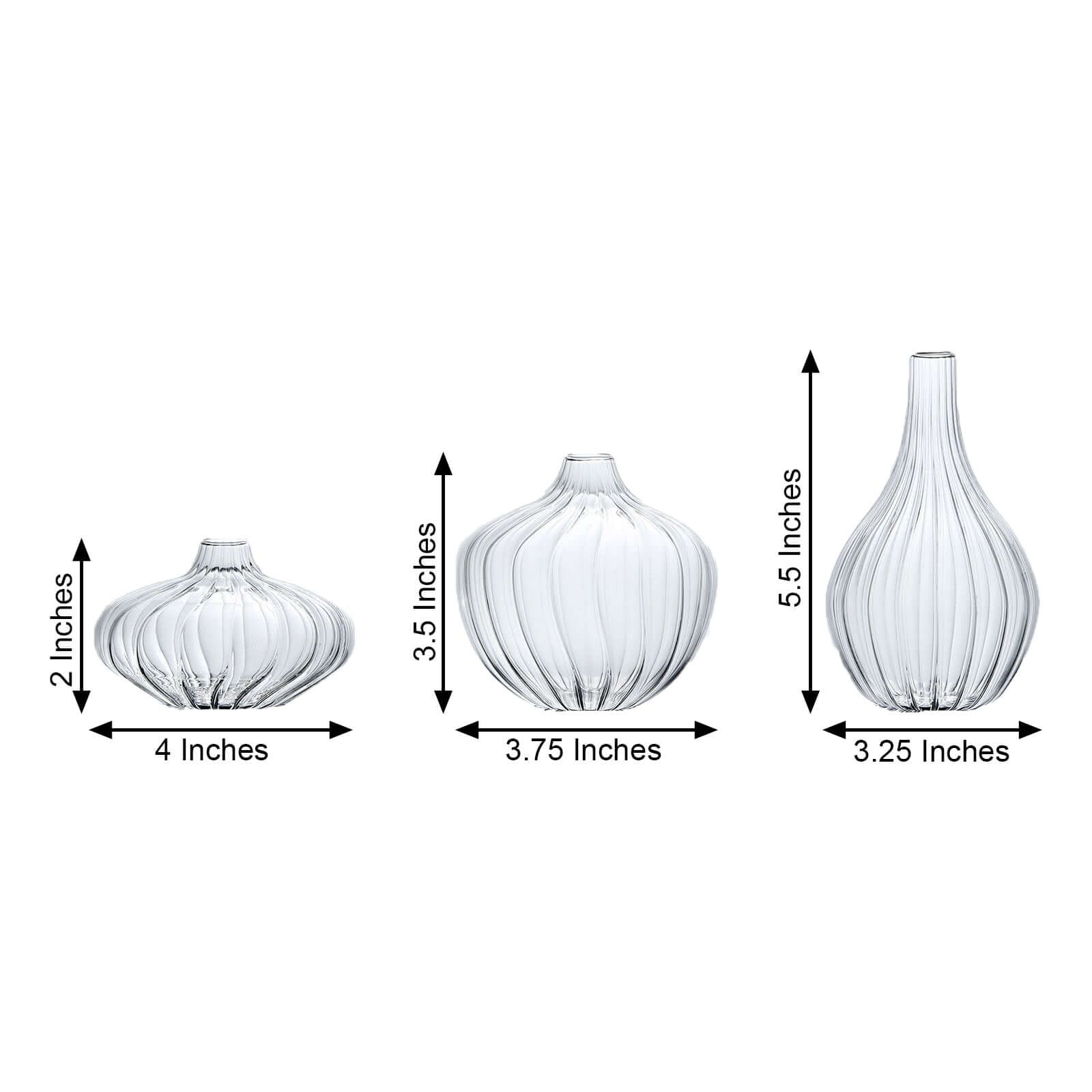 Set of 3 Clear Glass Ribbed Design Mini Flower Bud Vases, Table Centerpiece Set - Assorted Sizes