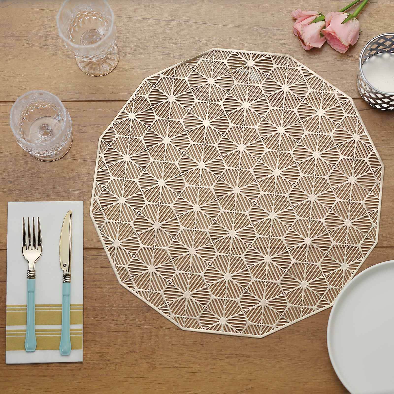 6-Pack Dining Table Mats Geometric Woven Design Gold - Vinyl Non-Slip Surface for Modern Table Settings 15