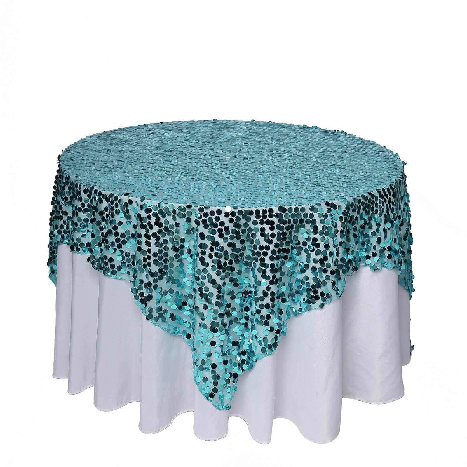 Sequin 72x72 Table Overlay Square Tablecloth Turquoise - Big Payette Table Cover