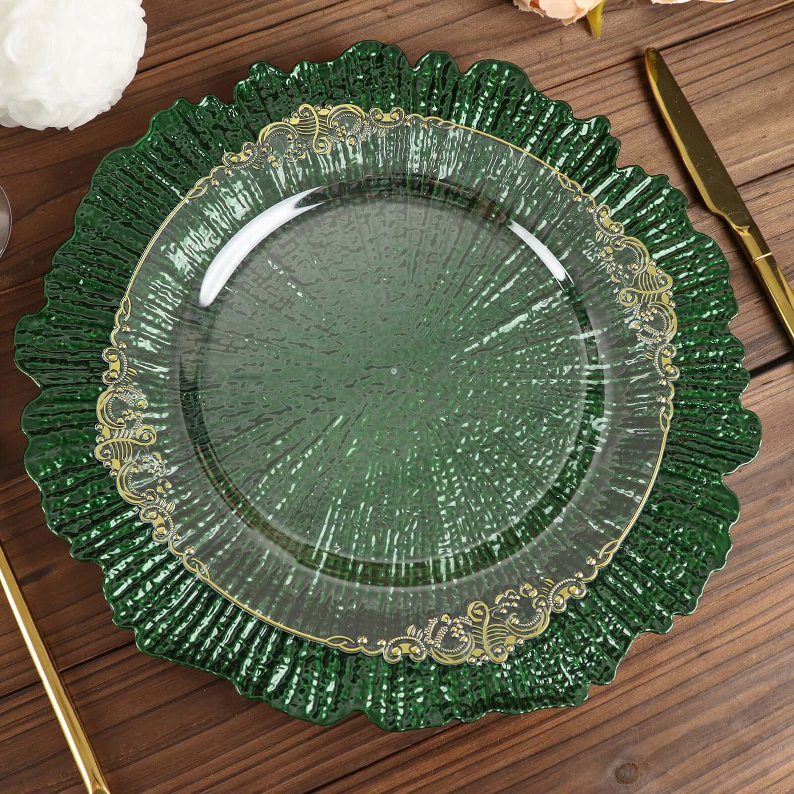 6-Pack Acrylic Plastic Round Charger Plates 13 in Hunter Emerald Green with Reef Design, Dinner Charger Tableware