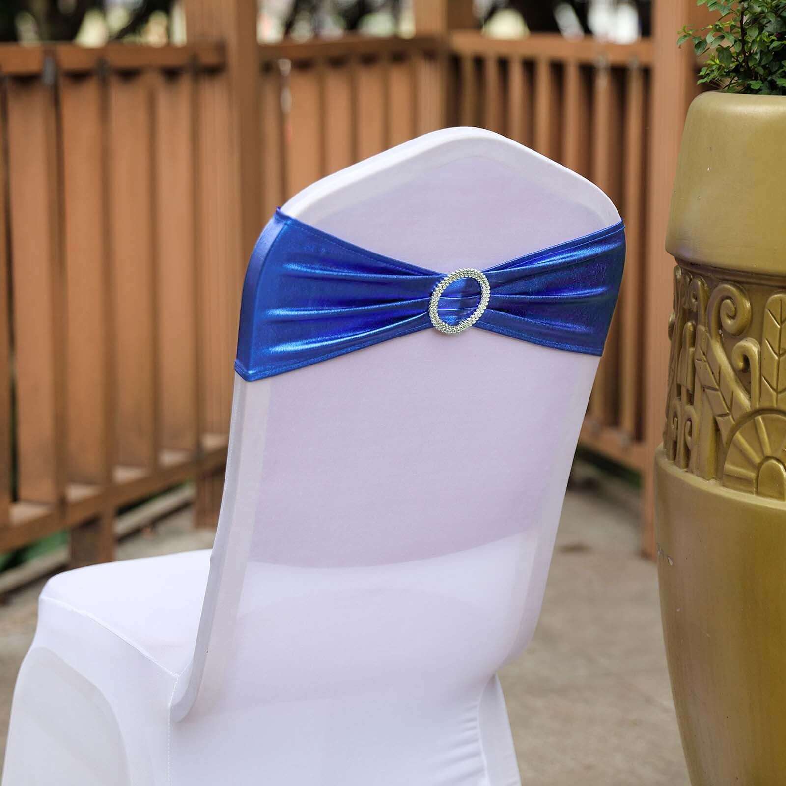 5 Pack Metallic Spandex Chair Sashes Royal Blue - Stretch Fit Chair Bands With Round Diamond Buckles