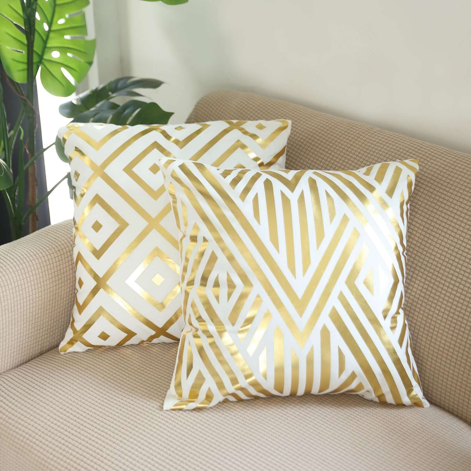 Set Of 4 18 White Gold Foil Geometric Print Throw Pillow Covers, Velvet Square Sofa Cushion Covers