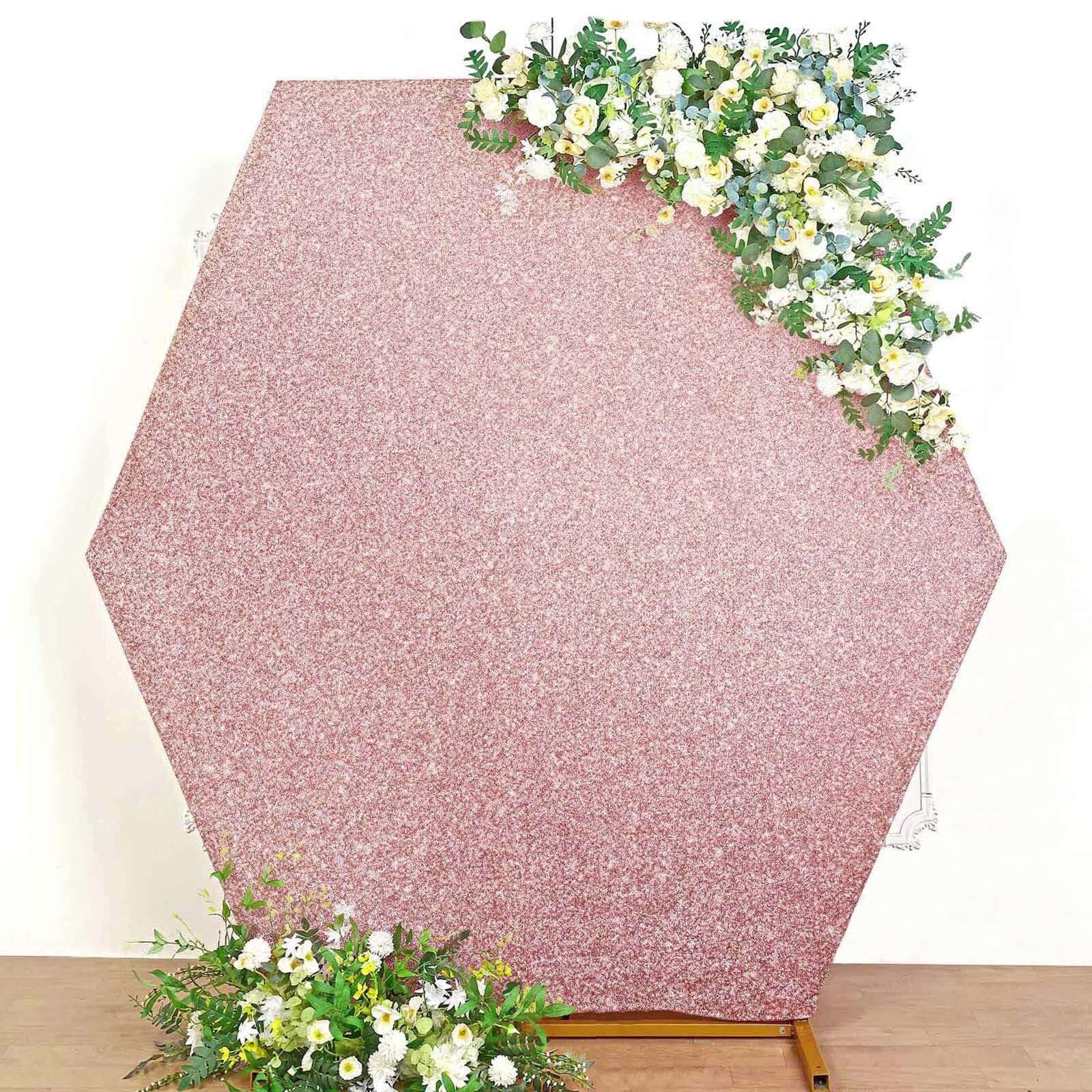 8ftx7ft Rose Gold Metallic Shimmer Tinsel Spandex Hexagon Wedding Arbor Cover, 2-Sided Backdrop