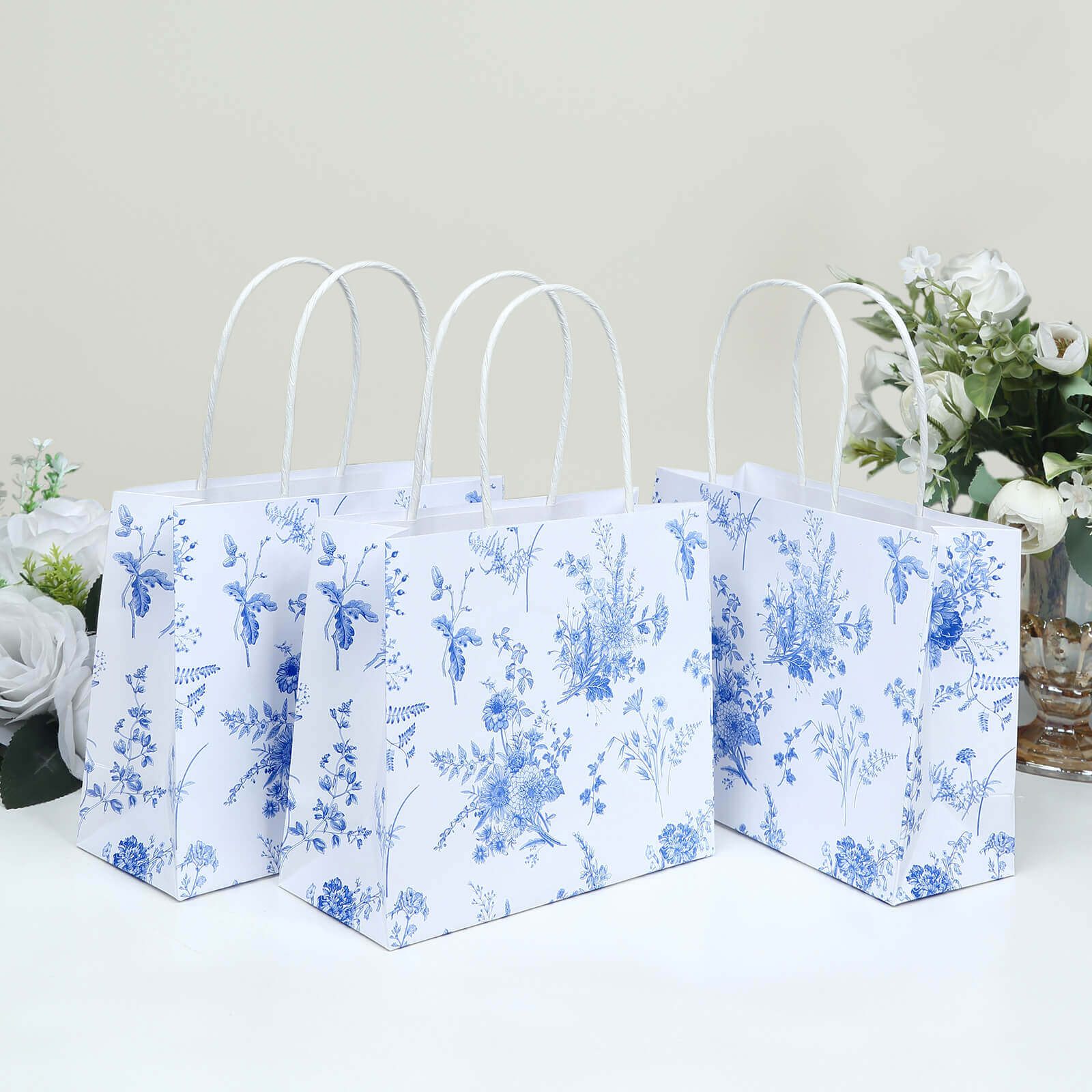 12 Pack White Blue Paper Gift Bags With Handles in French Toile Pattern, Party Favor Goodie Bags - 6x7