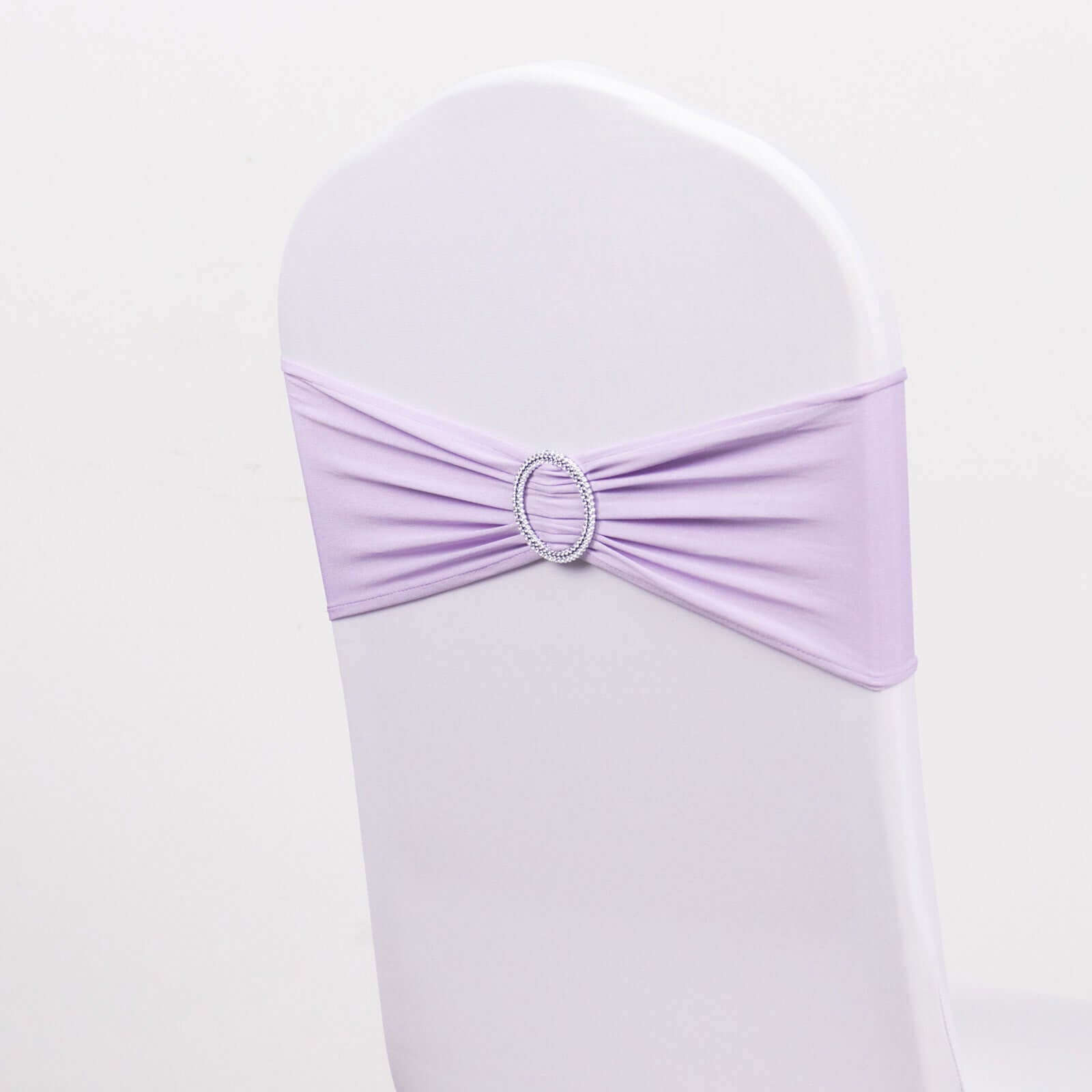 5 Pack Stretch Spandex Chair Sashes Lavender Lilac - Reusable Chair Bands with Silver Diamond Ring Slide Buckle 5x14