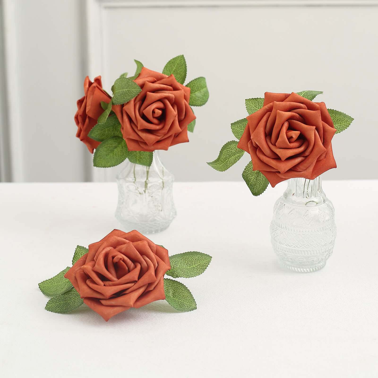 24 Roses 5 Terracotta (Rust) Artificial Foam Flowers With Stem Wire and Leaves