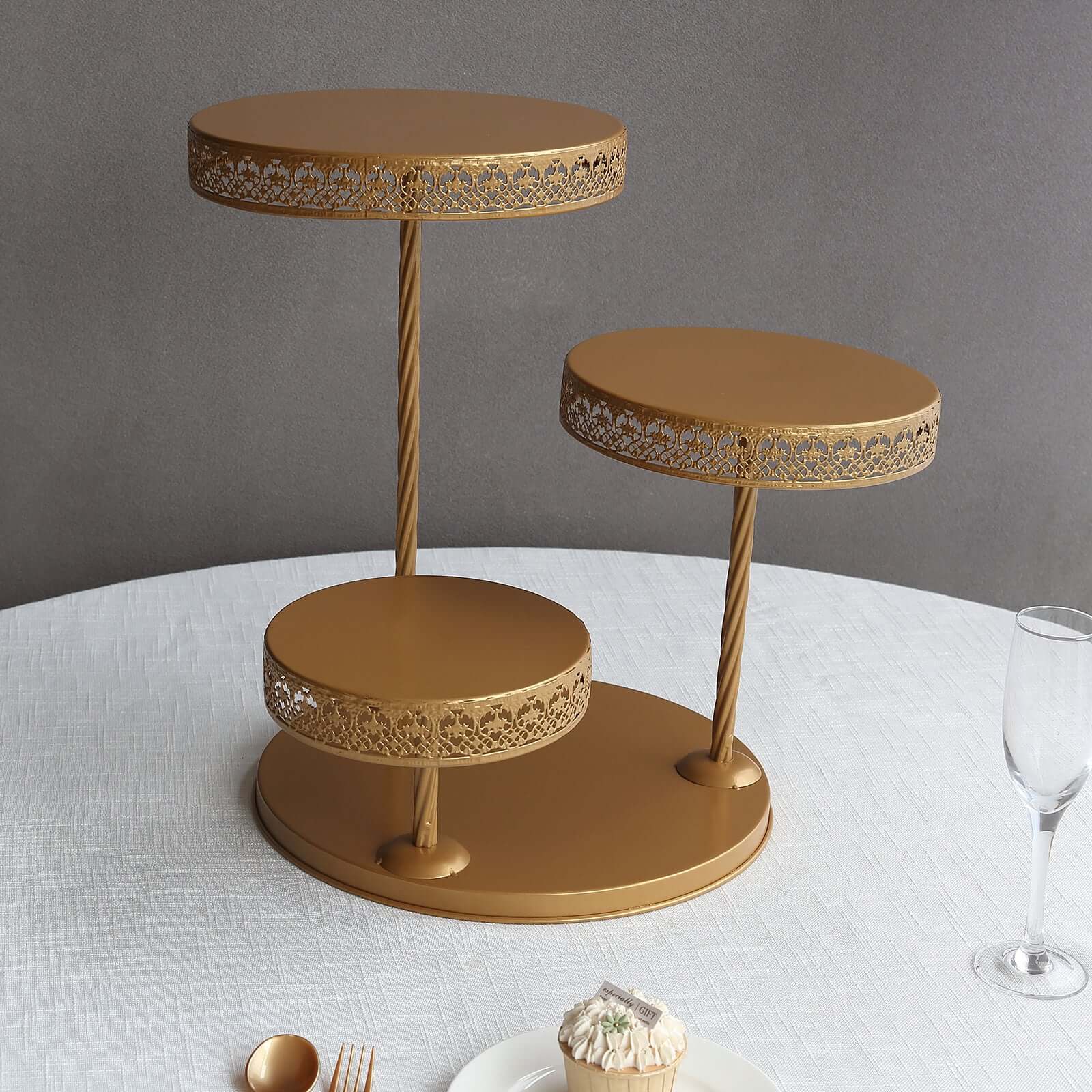 3-Tier Dessert Stand Hollow Lace Round Design Gold - Cupcake Tower and Tiered Cake Display Metal 21