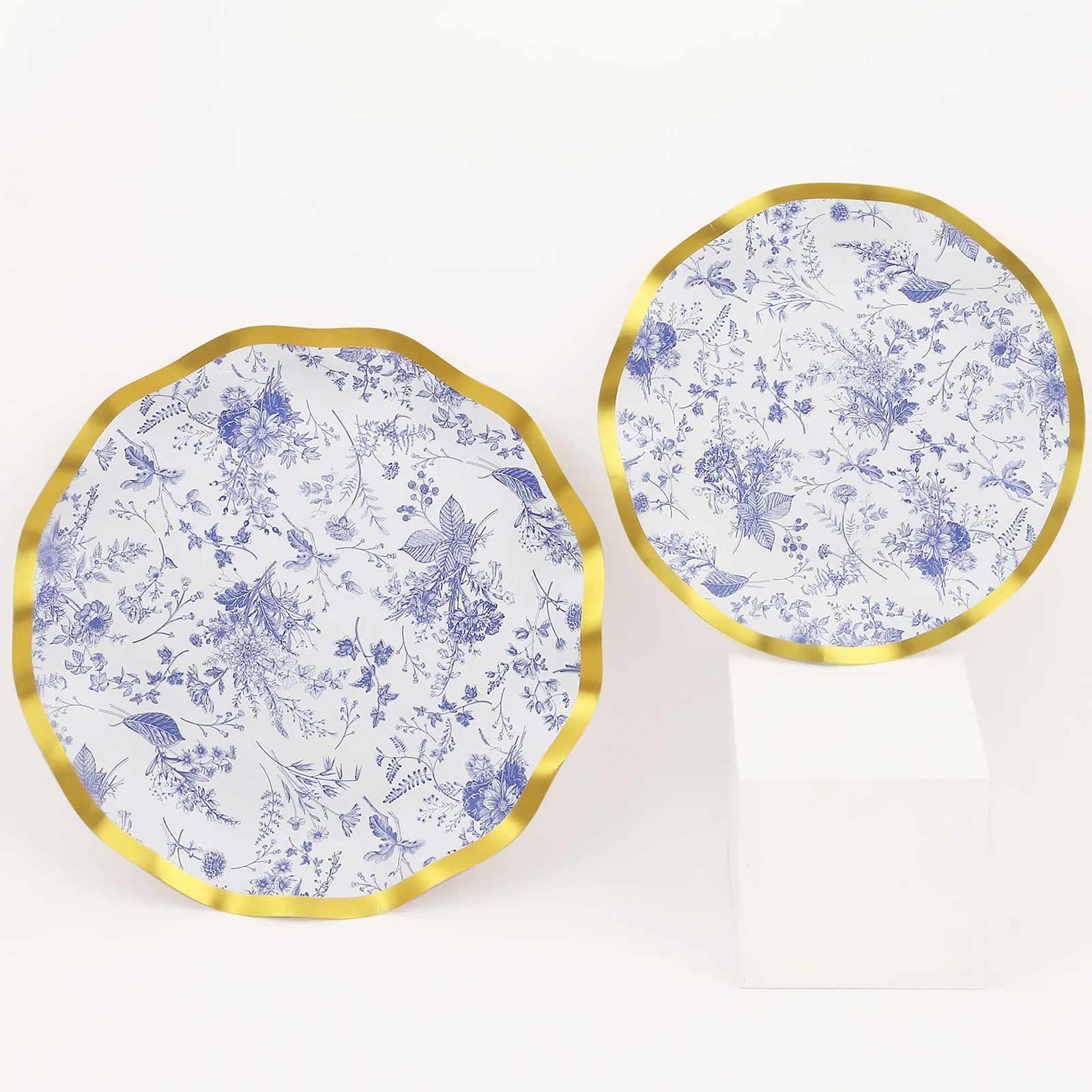 25-Pack Paper Round Dessert Plates 8 in White with Blue French Toile Pattern & Gold Wavy Rim - Disposable 350GSM Salad Plates