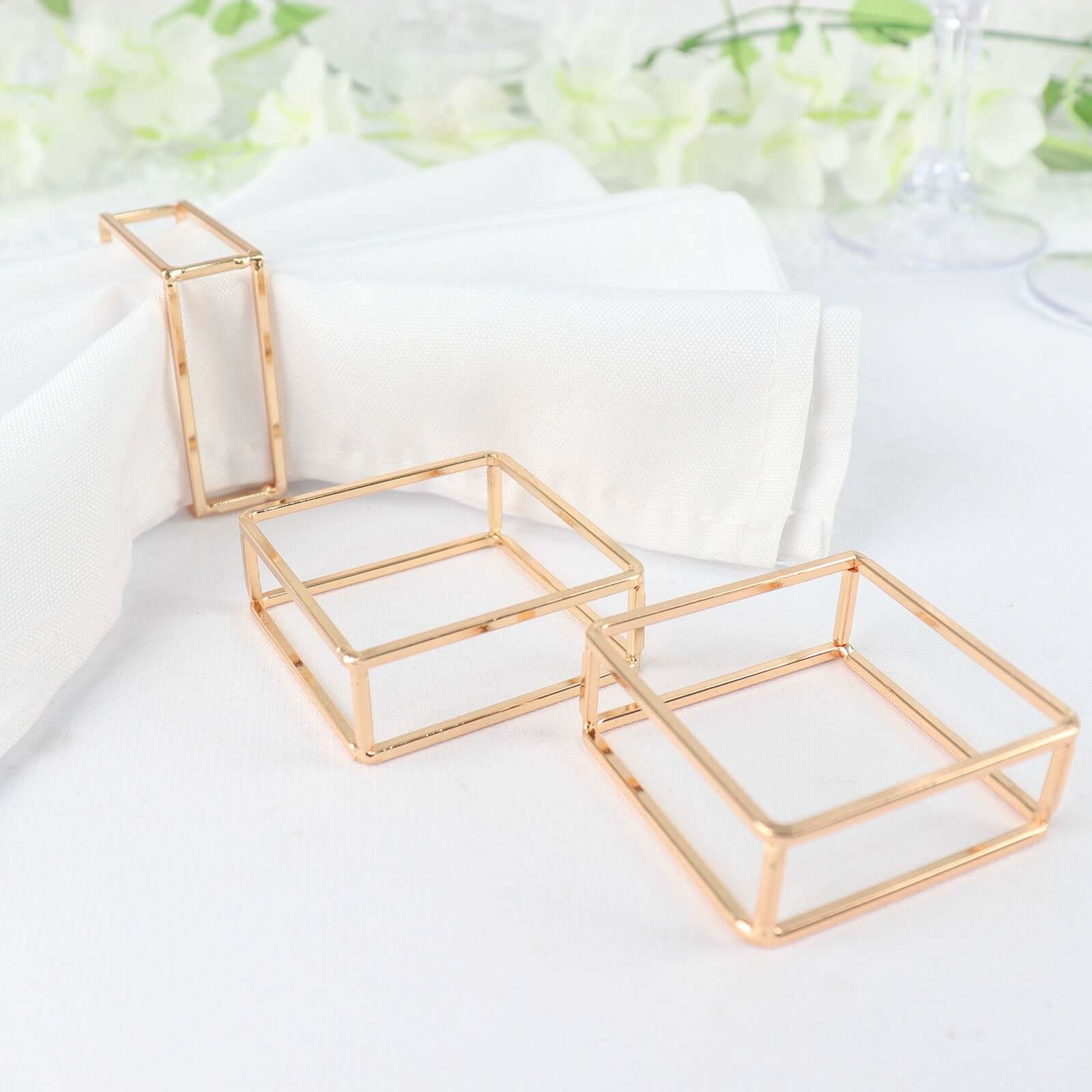 4 Pack Gold Metal Hollow Square Napkin Rings, Modern Geometric Cube Napkin Holders