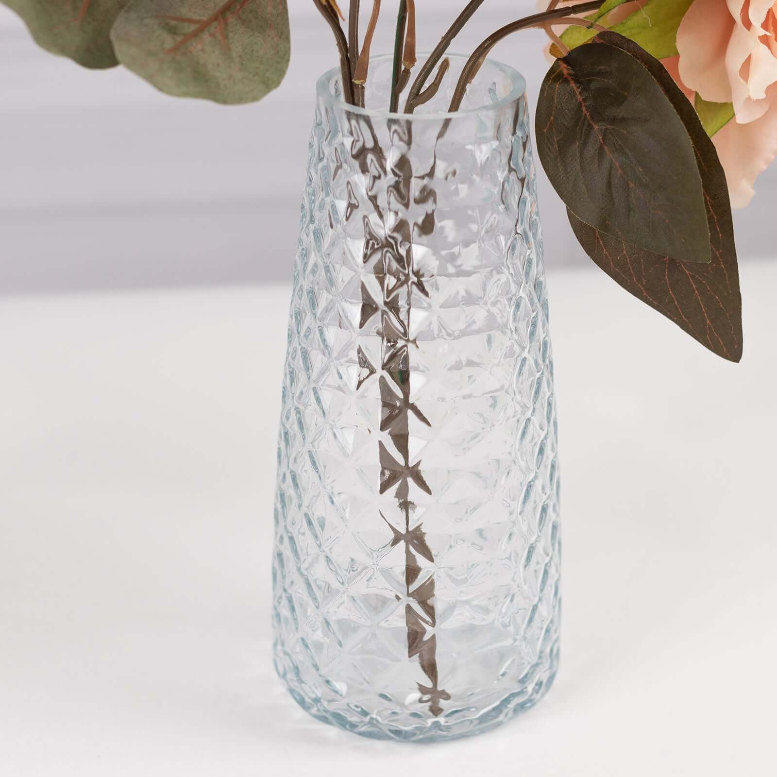 6-Pack Glass Urn Vases Clear with Diamond Crystal Cut Pattern - Stylish Decorative Design for Event Decor 8.5