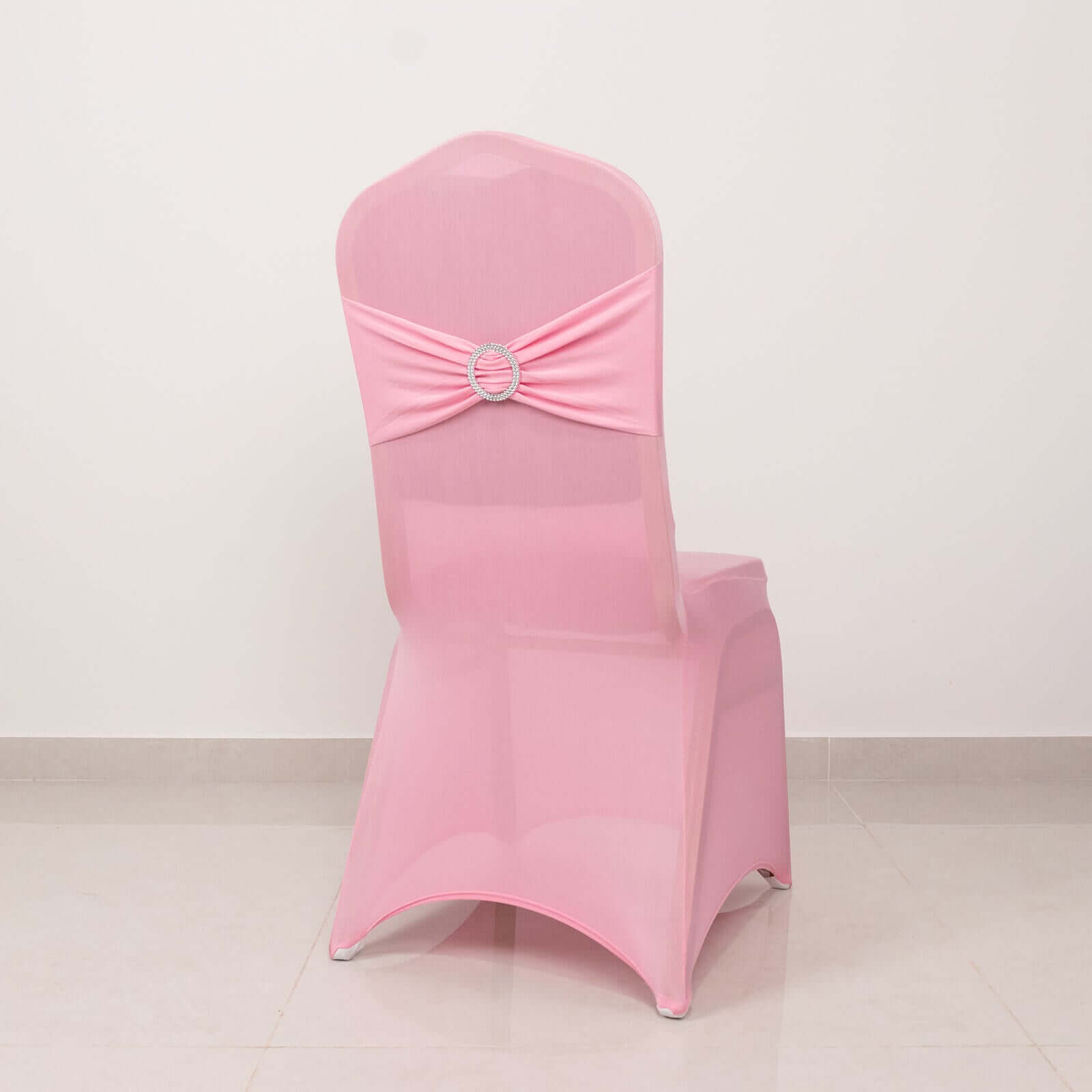 Spandex Chair Cover with Pink Rhinestone Buckled Sash Band Blush - Stretch Fitted Slipcover