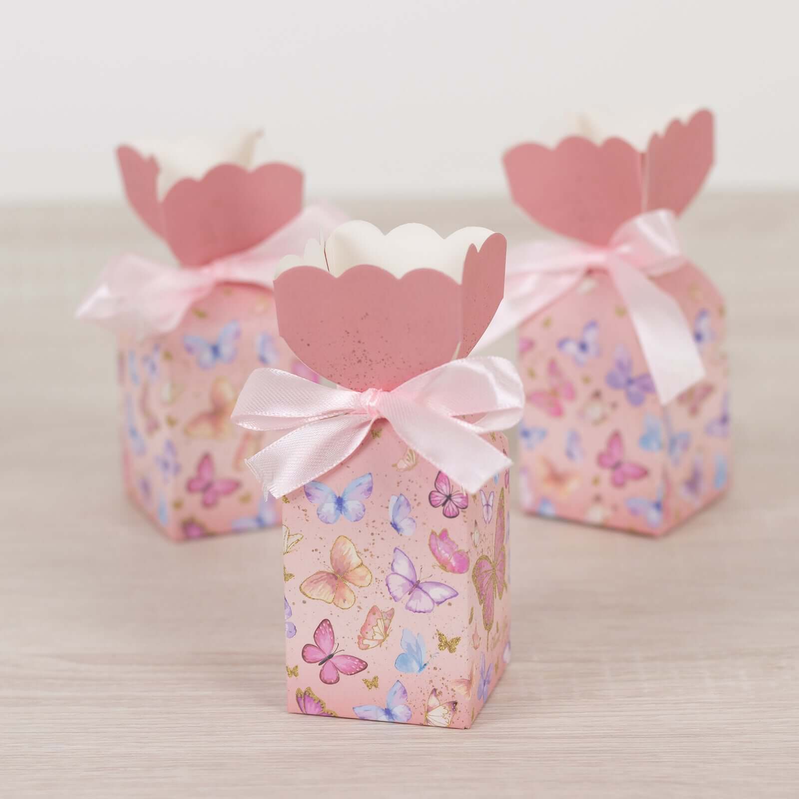 25 Pack Pink Floral Top Candy Gift Boxes With Butterfly Print, Cardstock Paper Party Favor Boxes With Satin Ribbons - 2x5