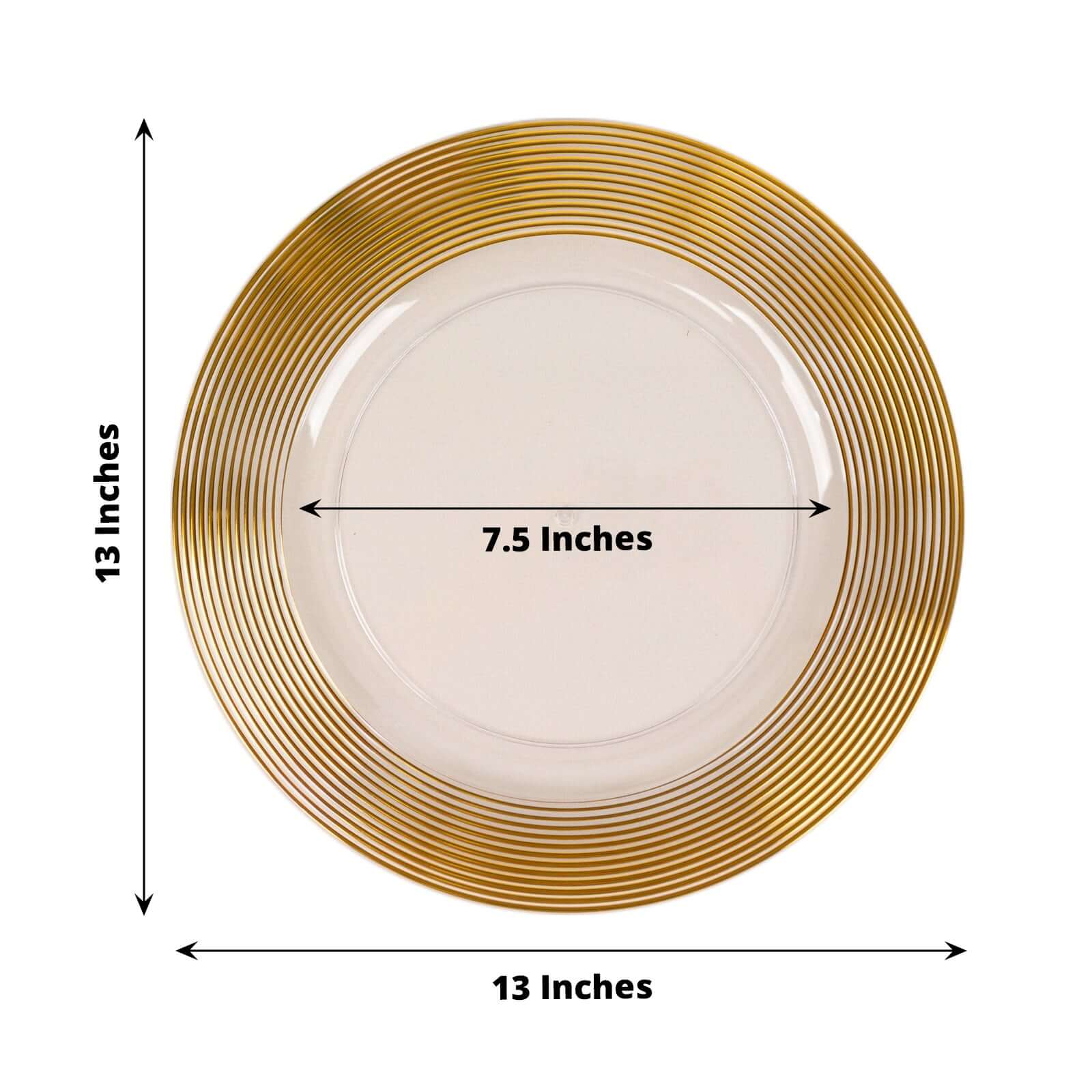 6-Pack Plastic Round Charger Plates 13 in Clear with Gold Lined Ring Rim, Classy Dinner Serving Plates