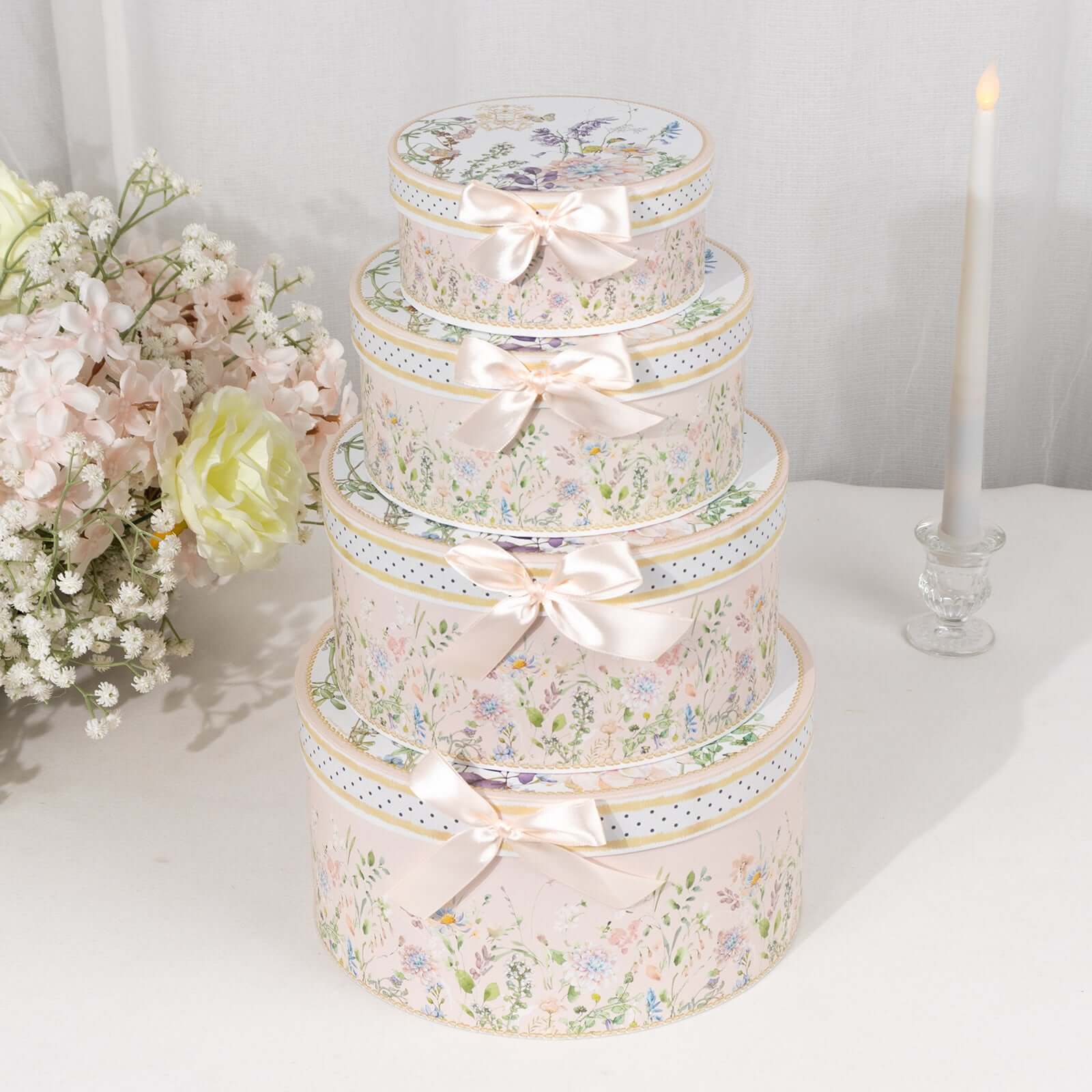 Set of 4 Cardstock Round Nesting Gift Boxes Blush Floral Design - Decorative Heavy Duty Stackable Keepsake Boxes With Lids for Presents Storage & Pedestal Stand 5,7,8,9