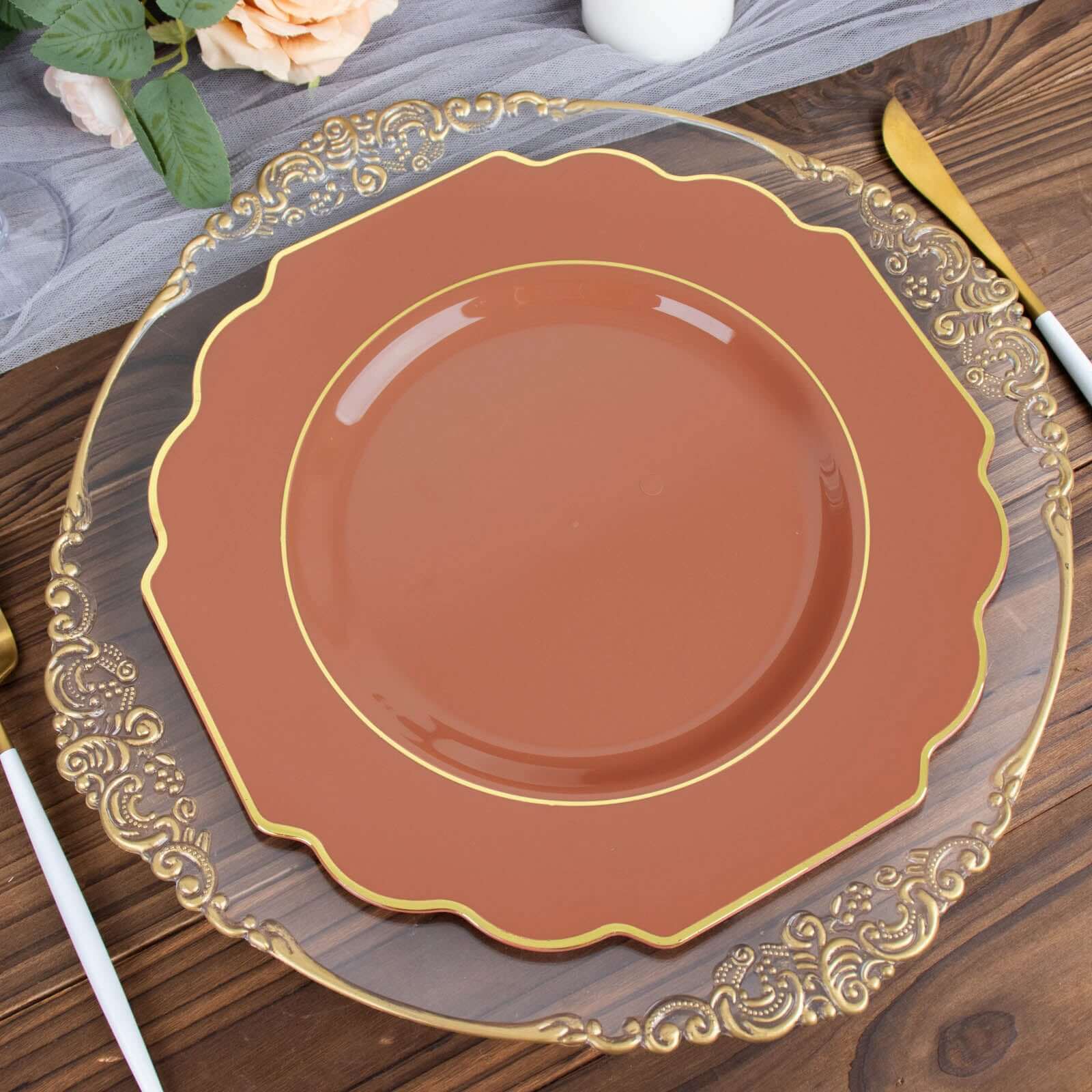 10-Pack Plastic Dinner Plates in Terracotta (Rust) Baroque Design with Scalloped Gold Rim - Heavy Duty Disposable Party Plates 11