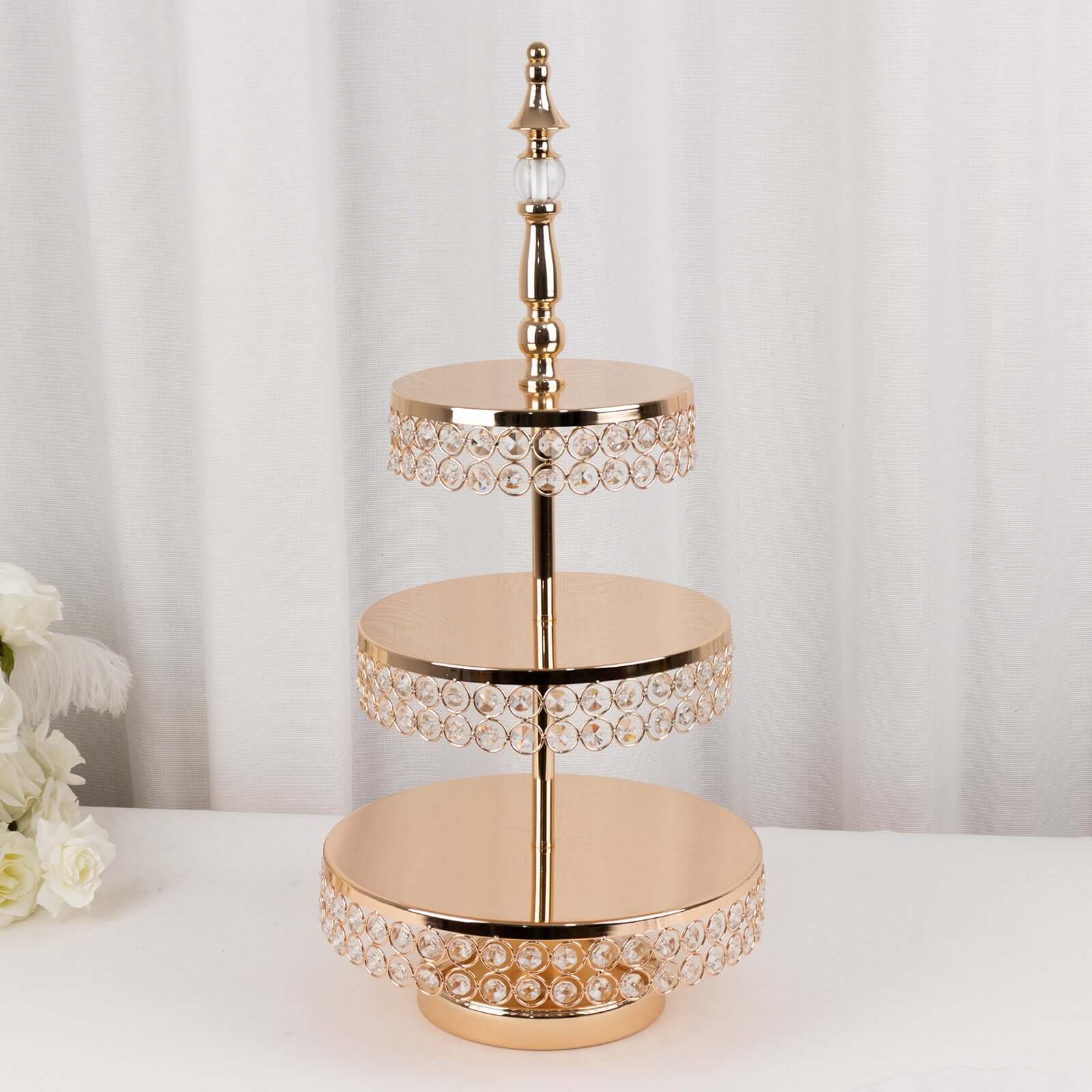 3-Tier Cake Stand Crystal Beaded Gold with Round Mirror Top - Metal Cupcake Tower Dessert Display 26