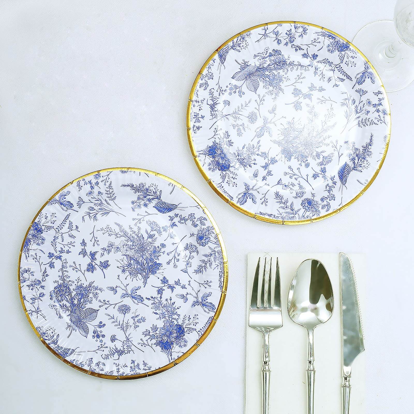 25-Pack Paper 7 Round Dessert Plates in White with Light Blue French Toile Pattern & Gold Rim - Disposable Salad Appetizer Plates for Luncheons & Garden Themes