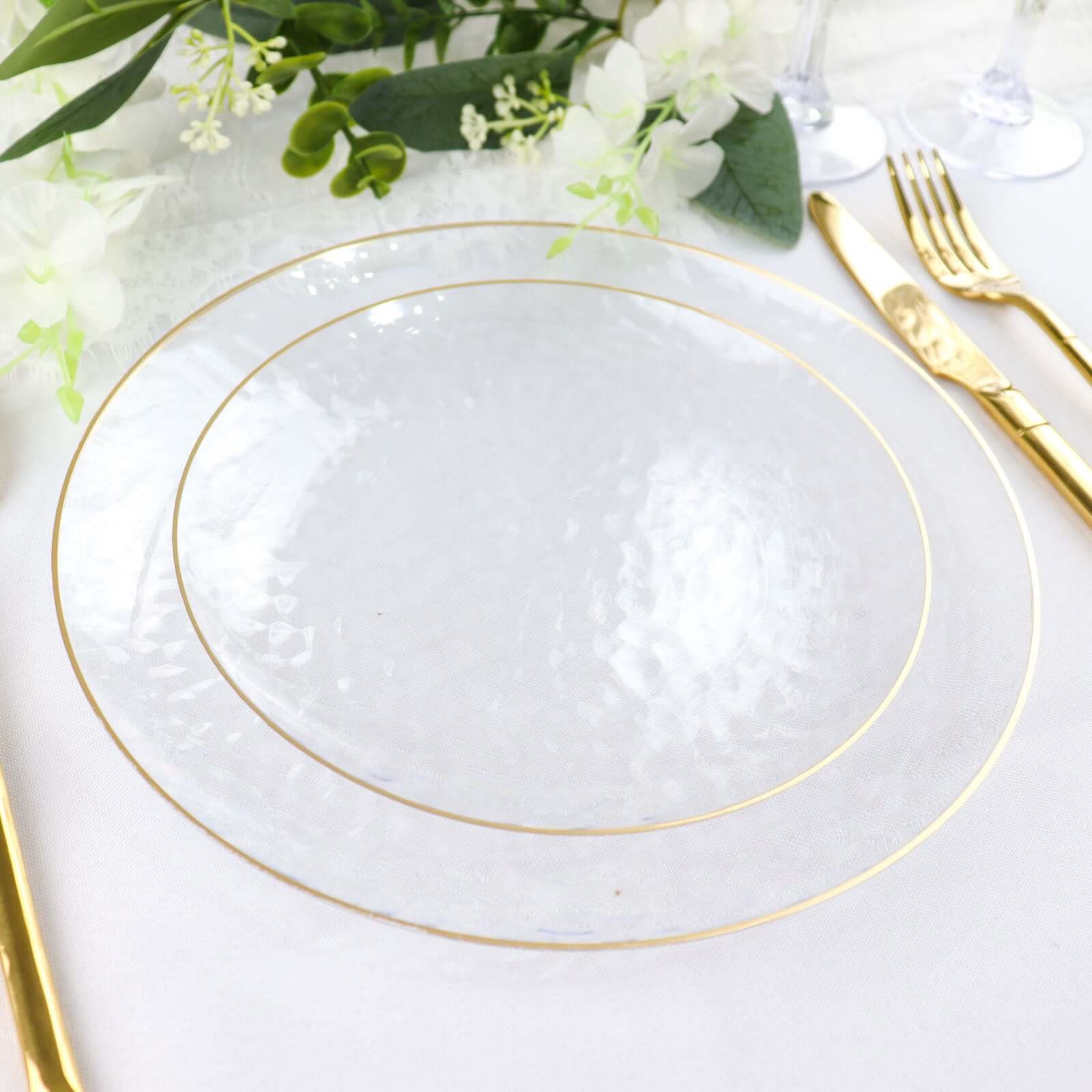 10-Pack Plastic 7 Round Dessert Appetizer Plates in Clear Hammered Design with Gold Rim - Modern Disposable Salad Plates