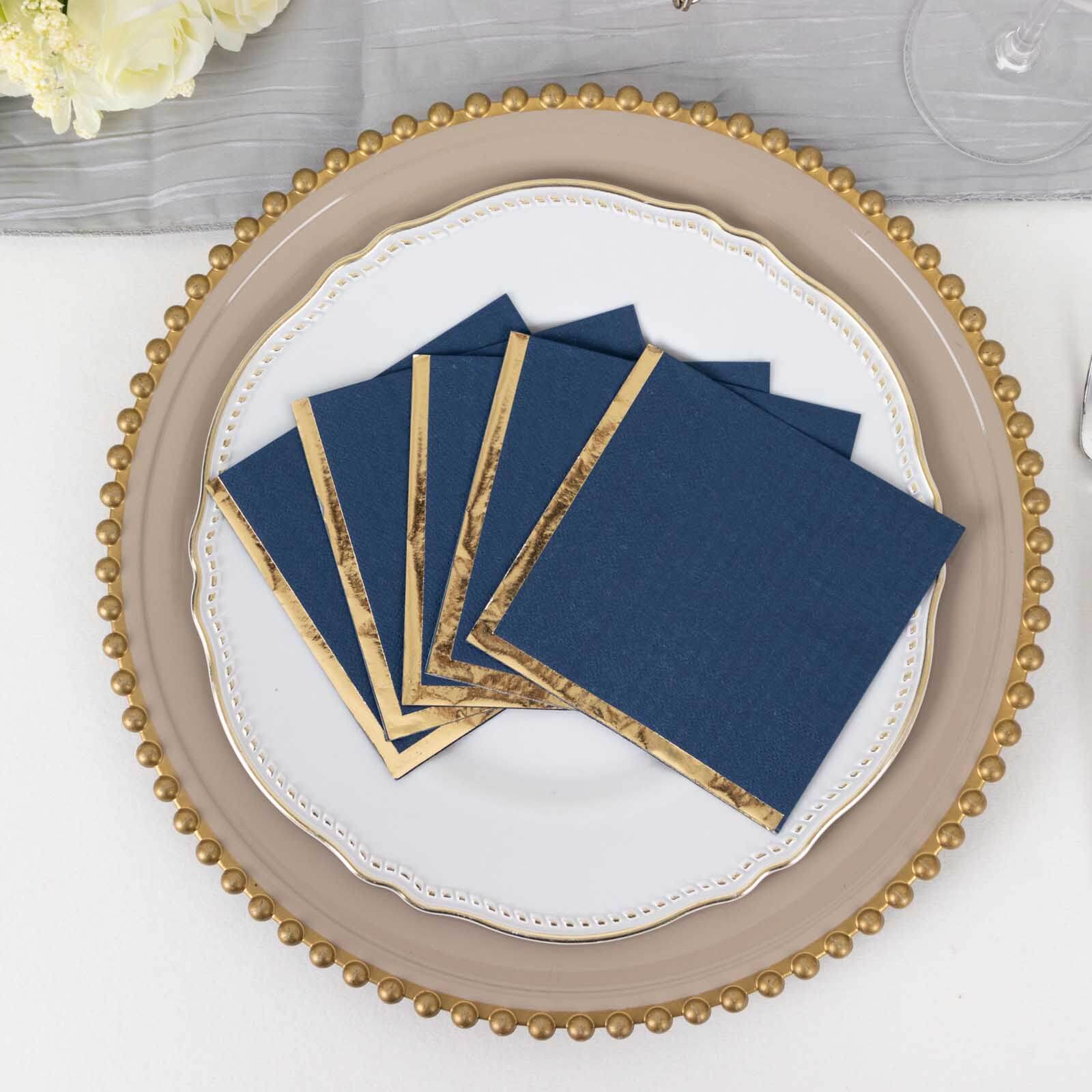 50-Pack Paper Beverage Napkins Navy Blue with Gold Foil Edge - 2 Ply Disposable Soft 18GSM Cocktail Napkins 5x5