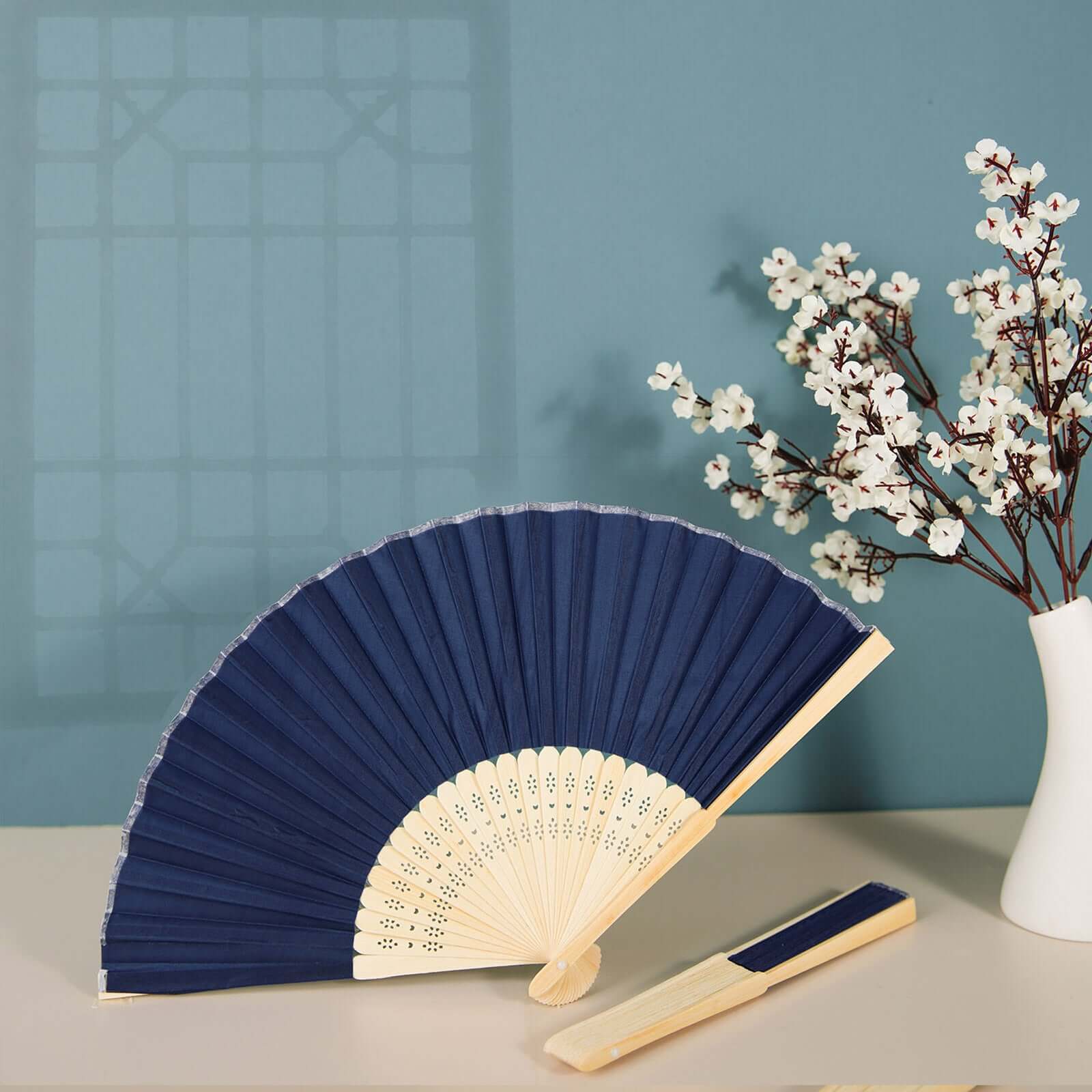 5 Pack Navy Blue Asian Silk Folding Fans Party Favors, Oriental Folding Fan Favors