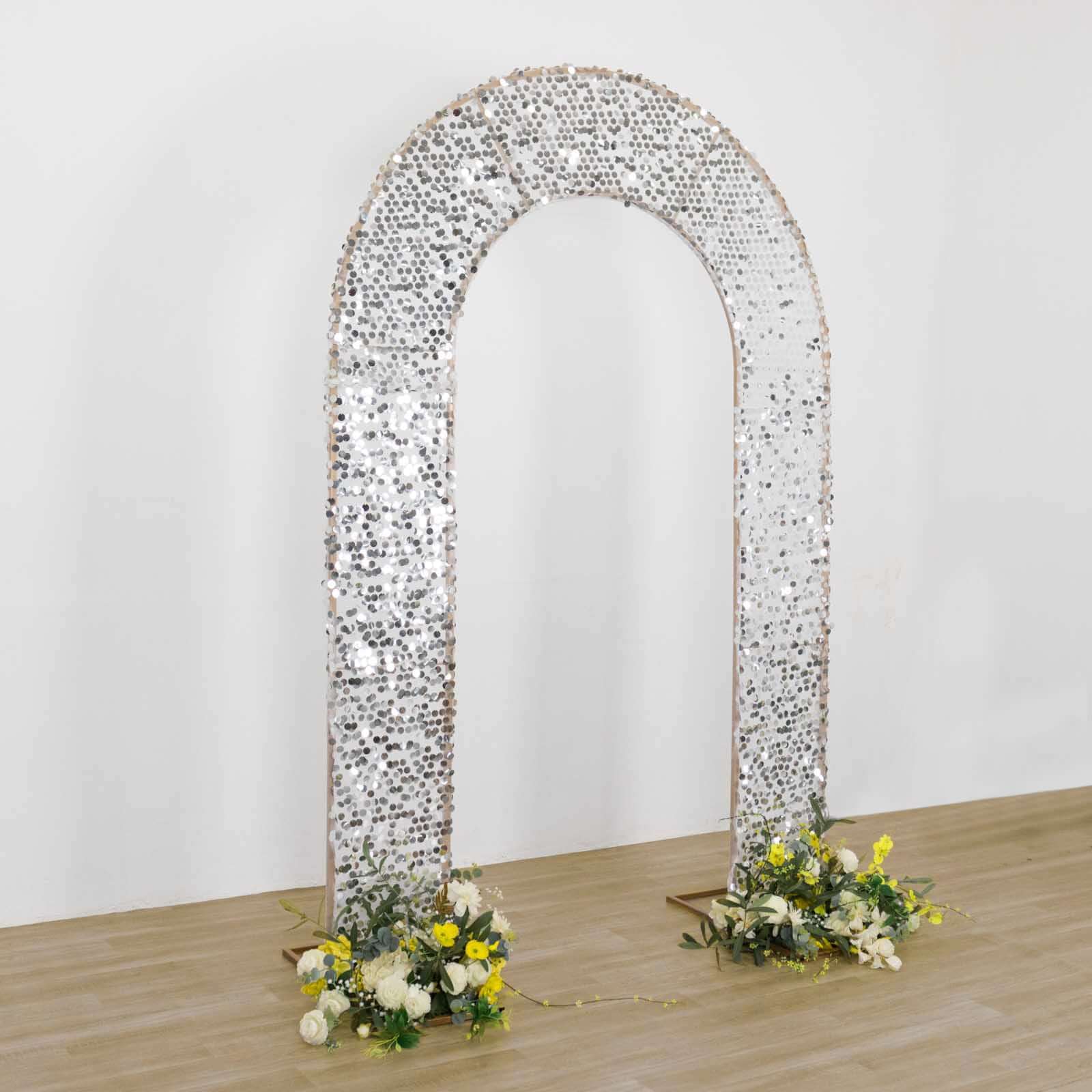 8ft Silver Big Payette Sequin Open Arch Wedding Arch Cover, Sparkly U-Shaped Fitted Backdrop Slipcover