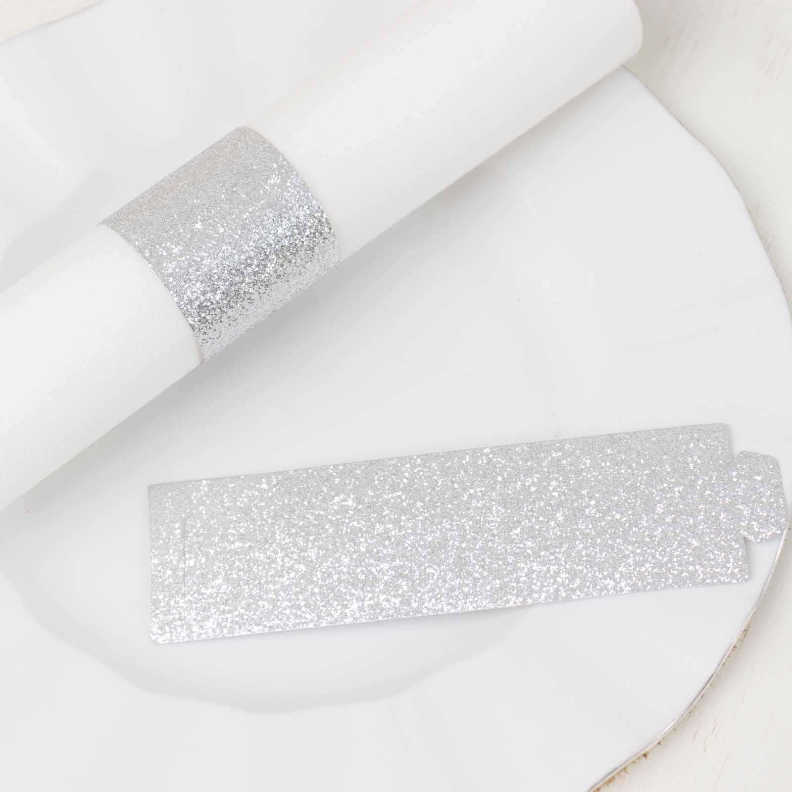 50-Pack Paper Napkin Rings Silver Glitter - Stylish Disposable Napkin Holders 1.5