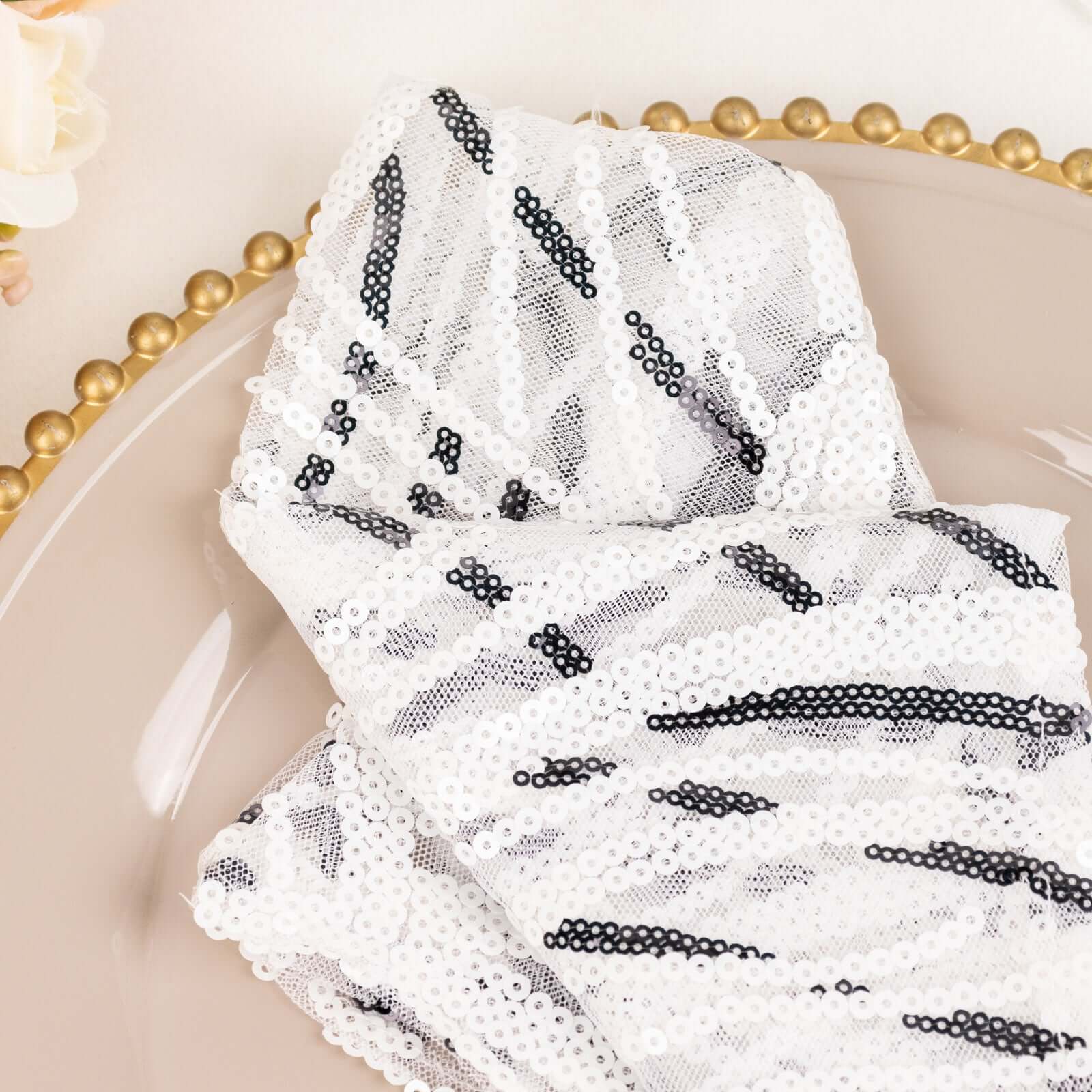 Sequin Mesh 20x20 Napkin White Black - Wave Embroidered Reusable Napkin